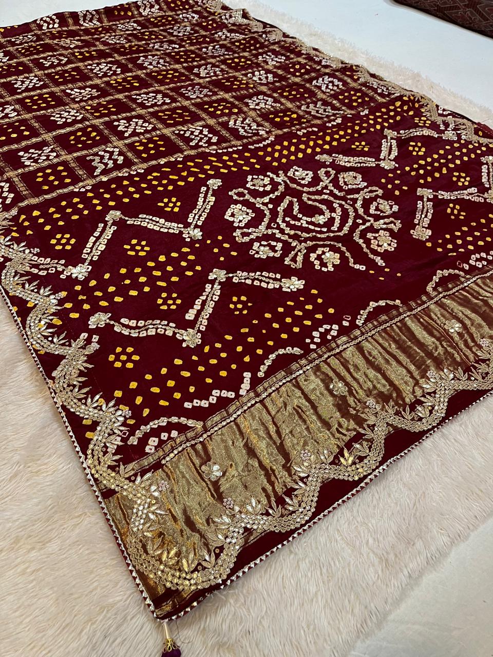 Traditional Modal Silk Saree With Hand Bandhani X Gotta Pati Work