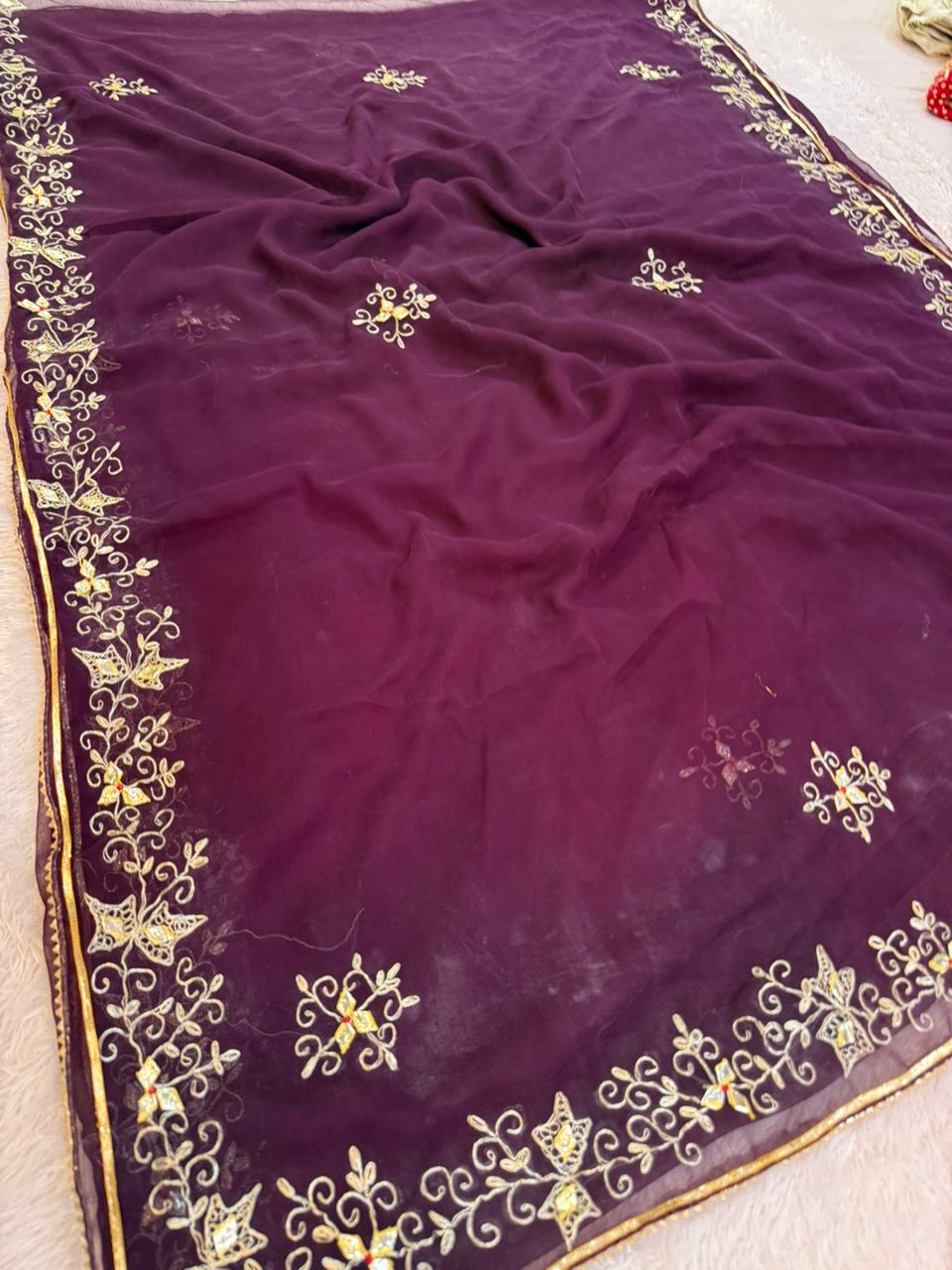Beautiful Semi Chiffon Saree With Pittan X Gottapatti Work