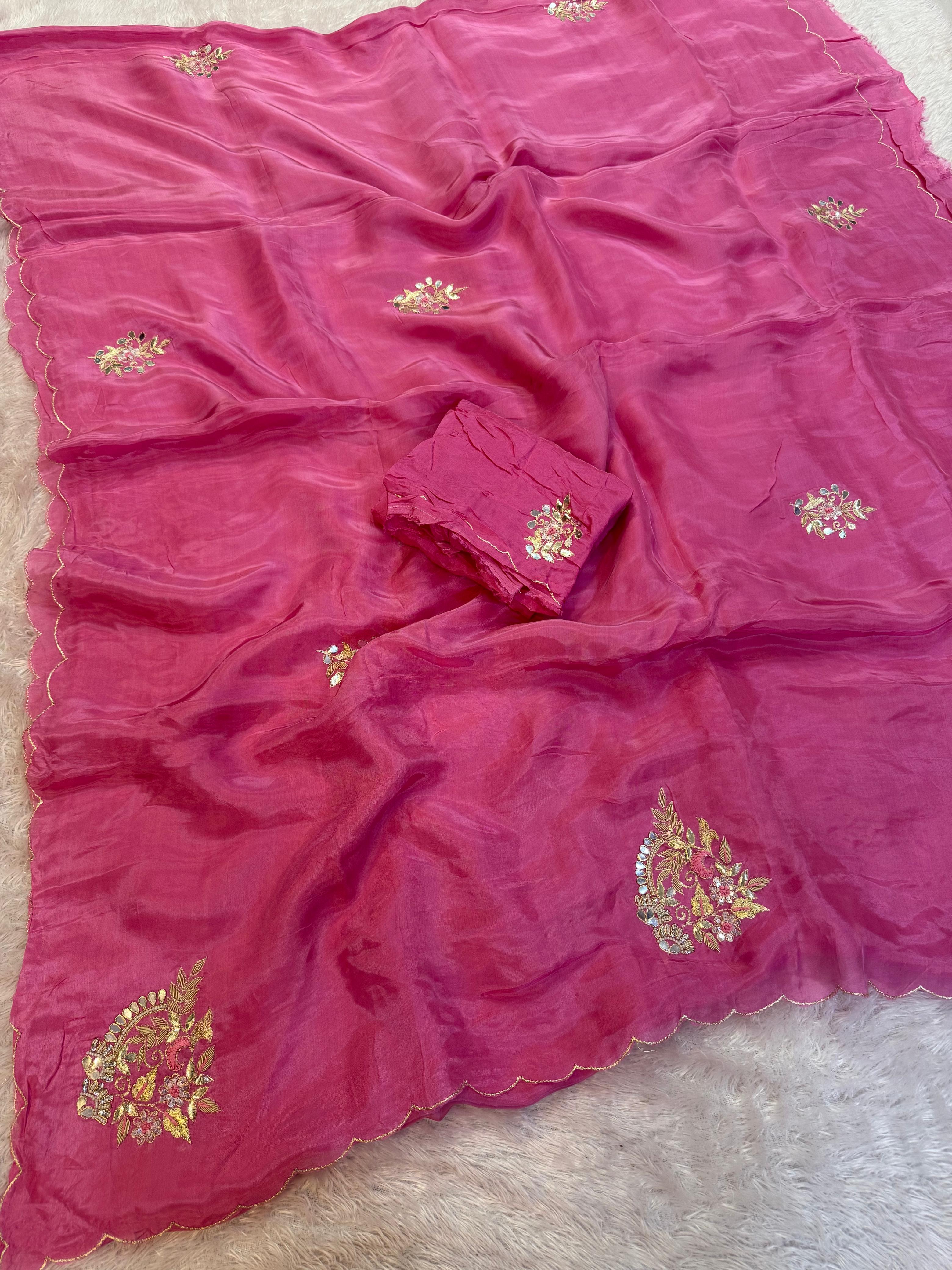 Designer H.O Silk Saree with Floral Handwork