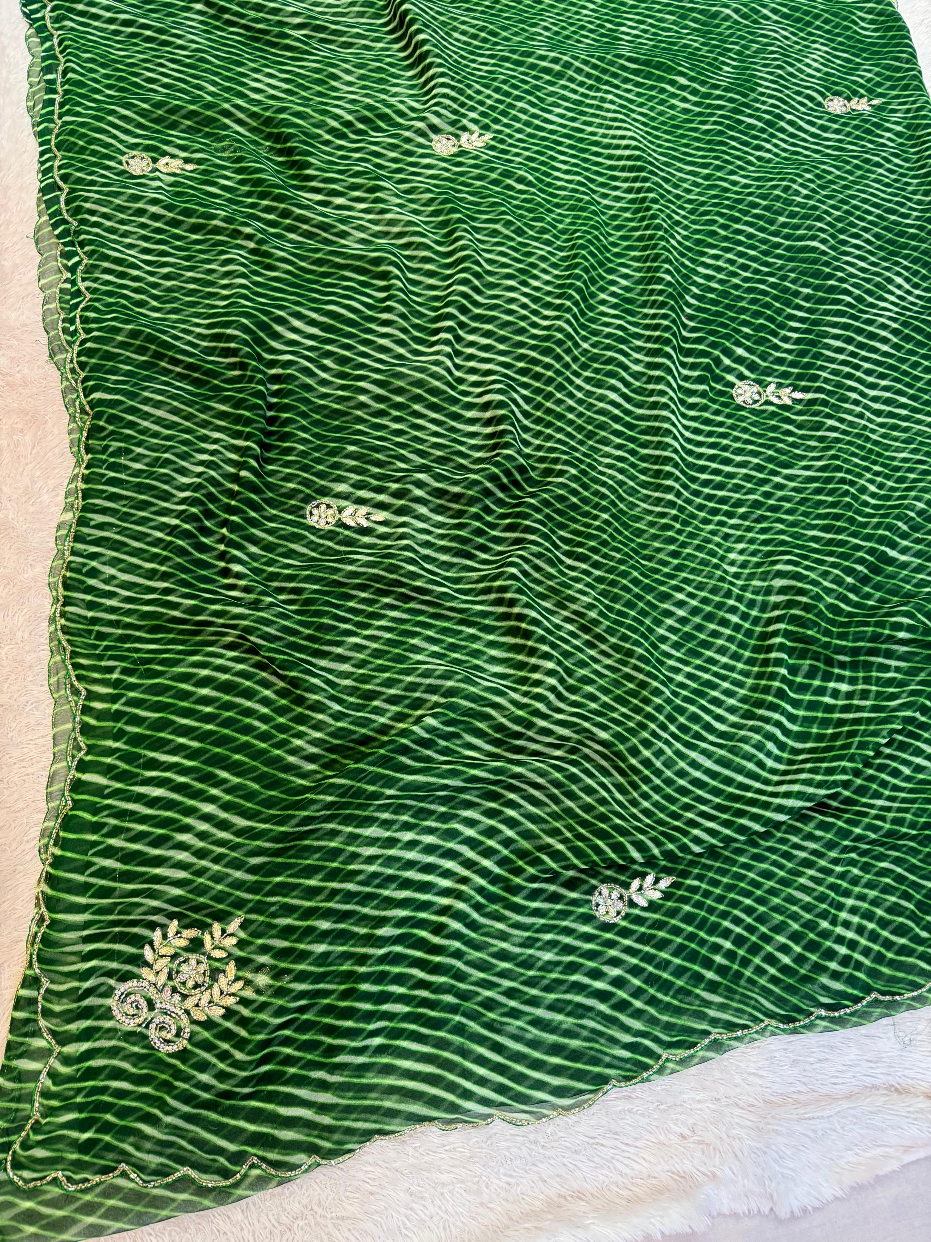 Trending Lehriya Saree with Designer Floral Handwork