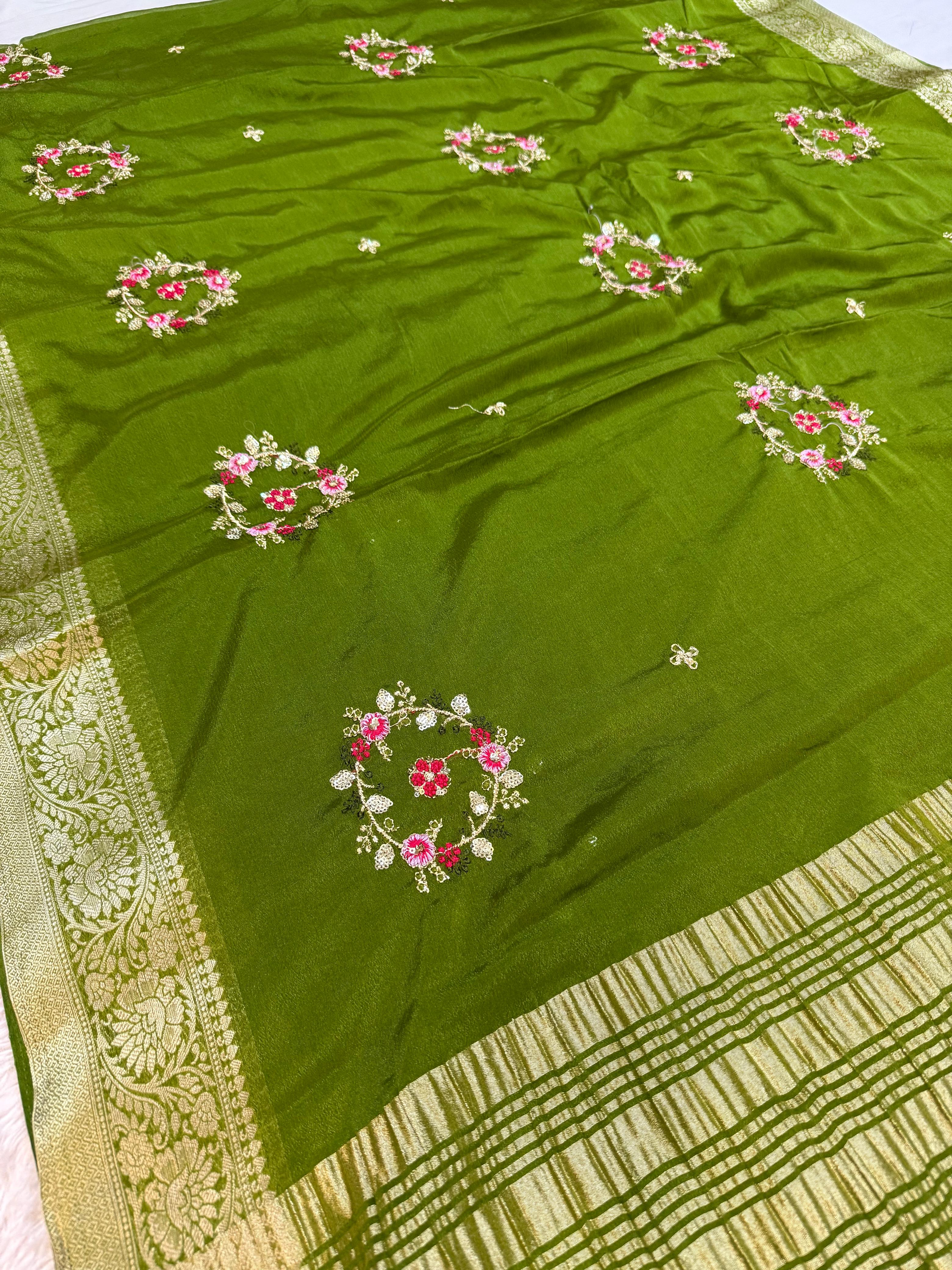 Beautiful D Chinon Saree With Handwork