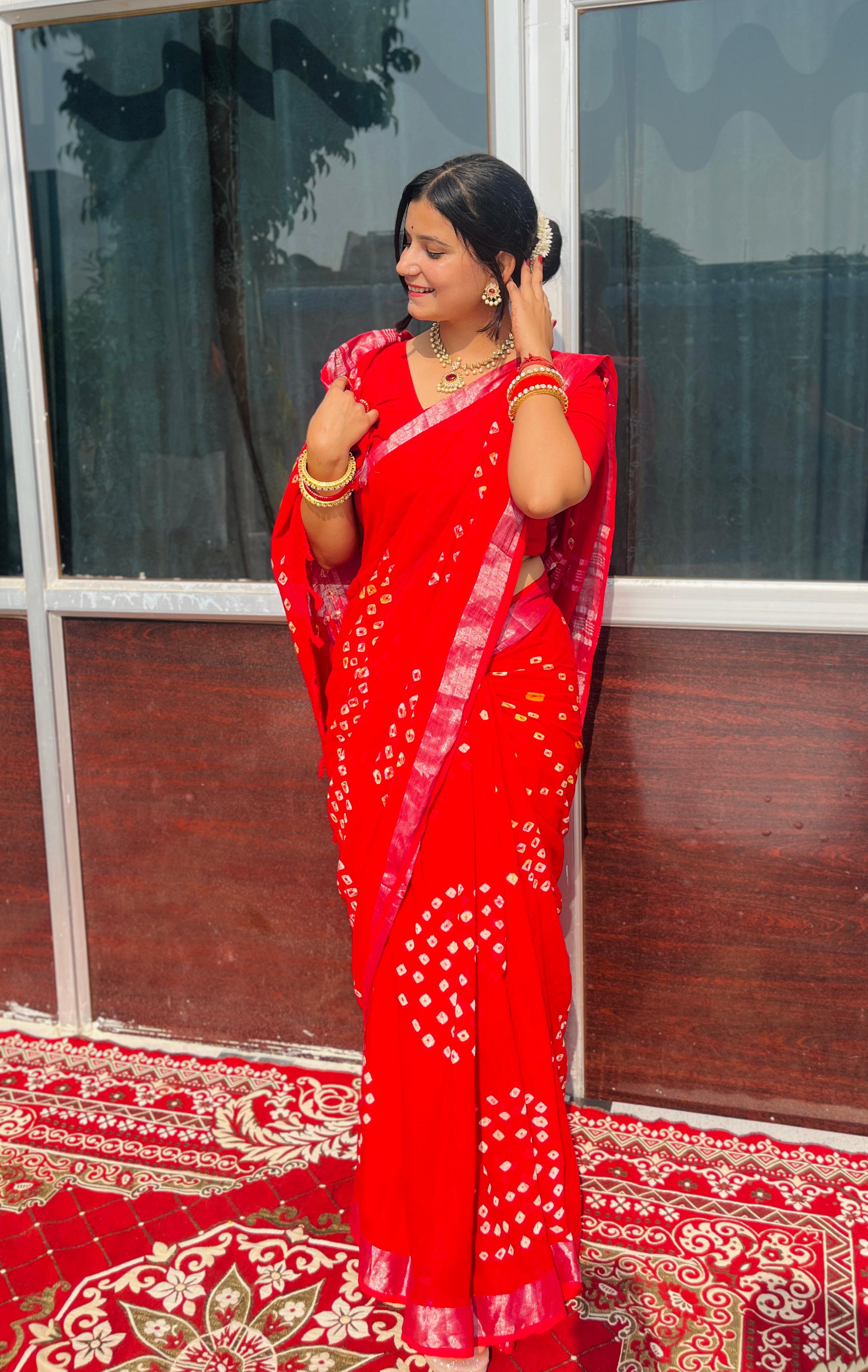 Linan Cotton Saree Hand Bandhej Jaipuri Design