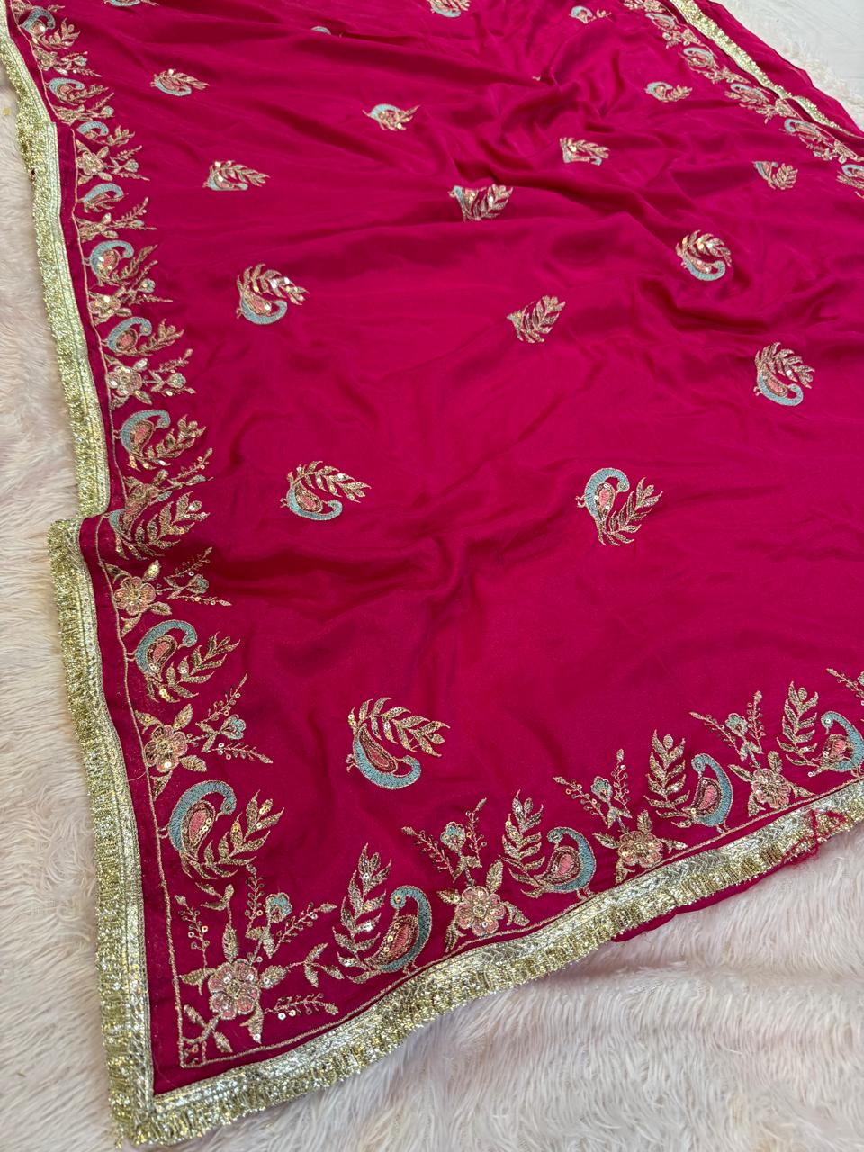 Latest Semi Chinon Saree With Handwork