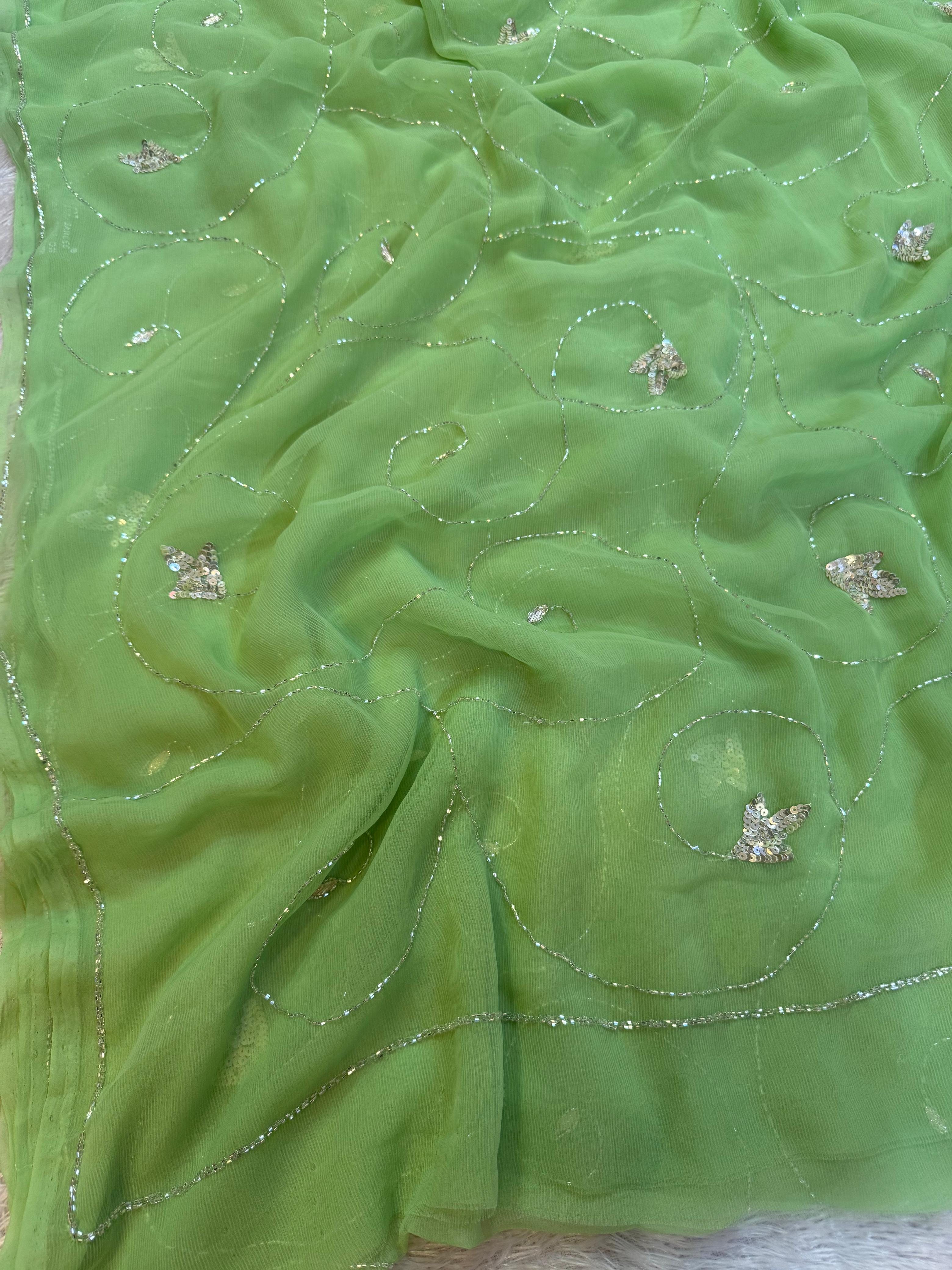 Beautiful Semi Chiffon Saree With Handwork