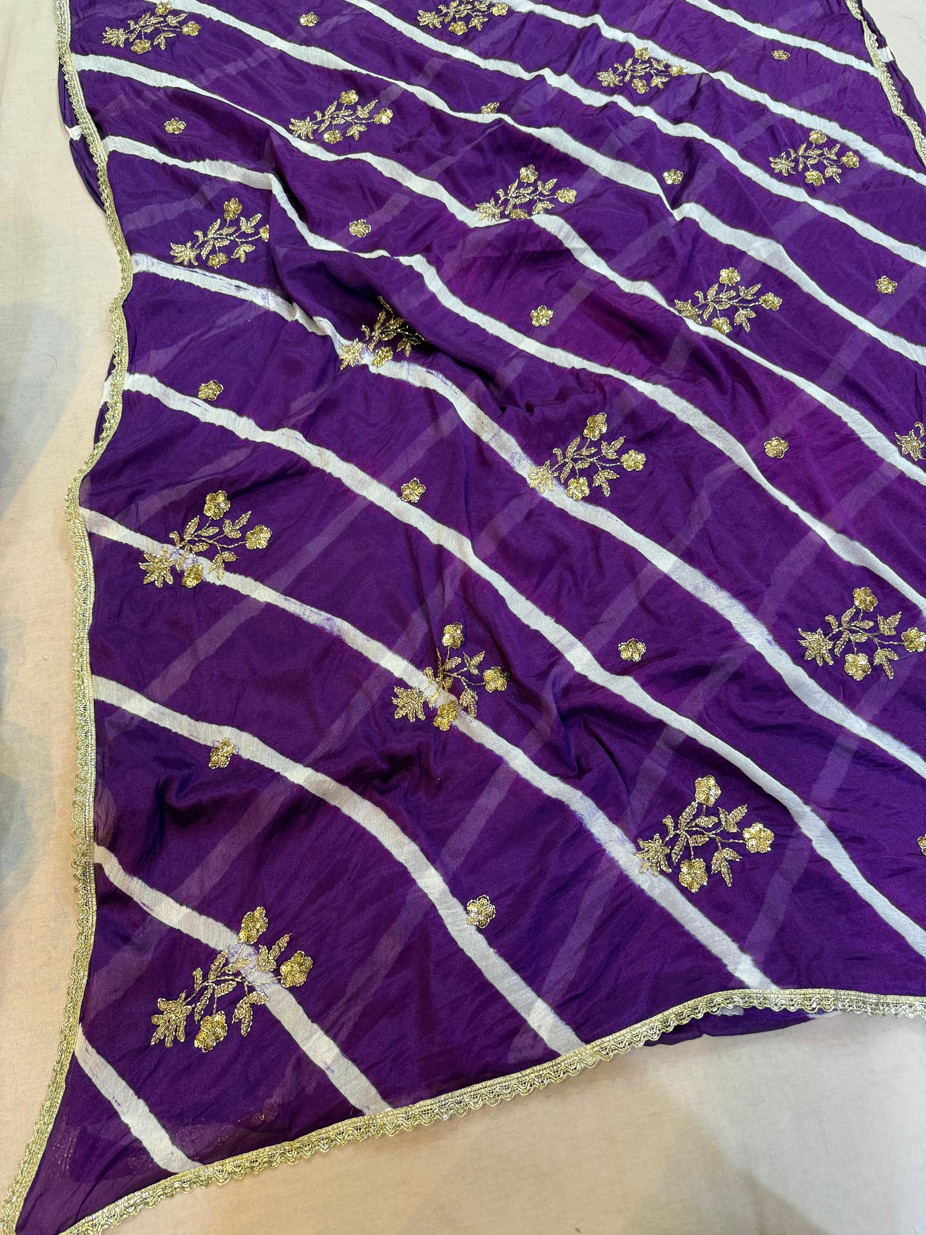 Designer Semi Chinon Leheriya Saree With Handwork