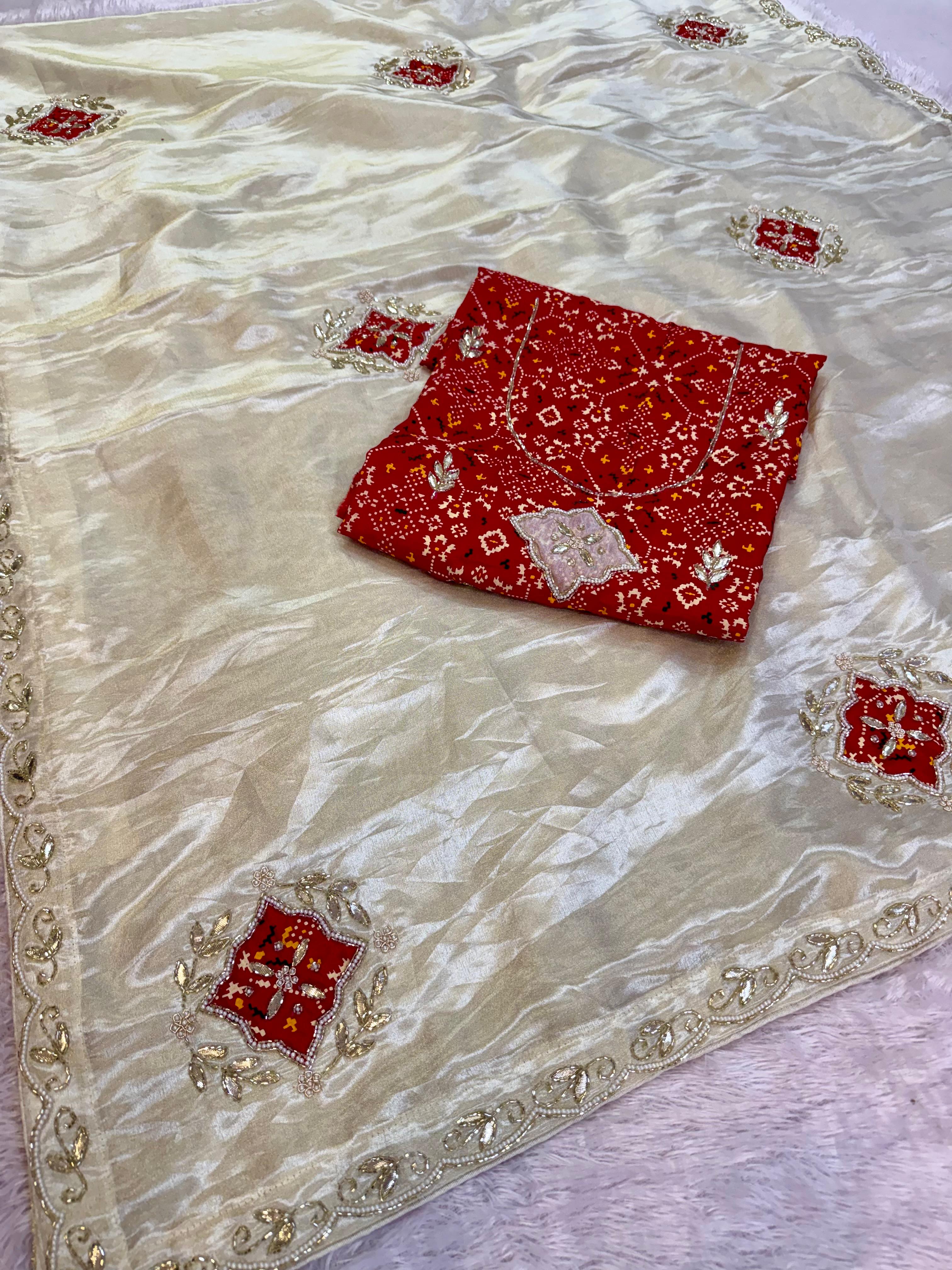 Beautiful Tissue Cosmos Saree With Handwork
