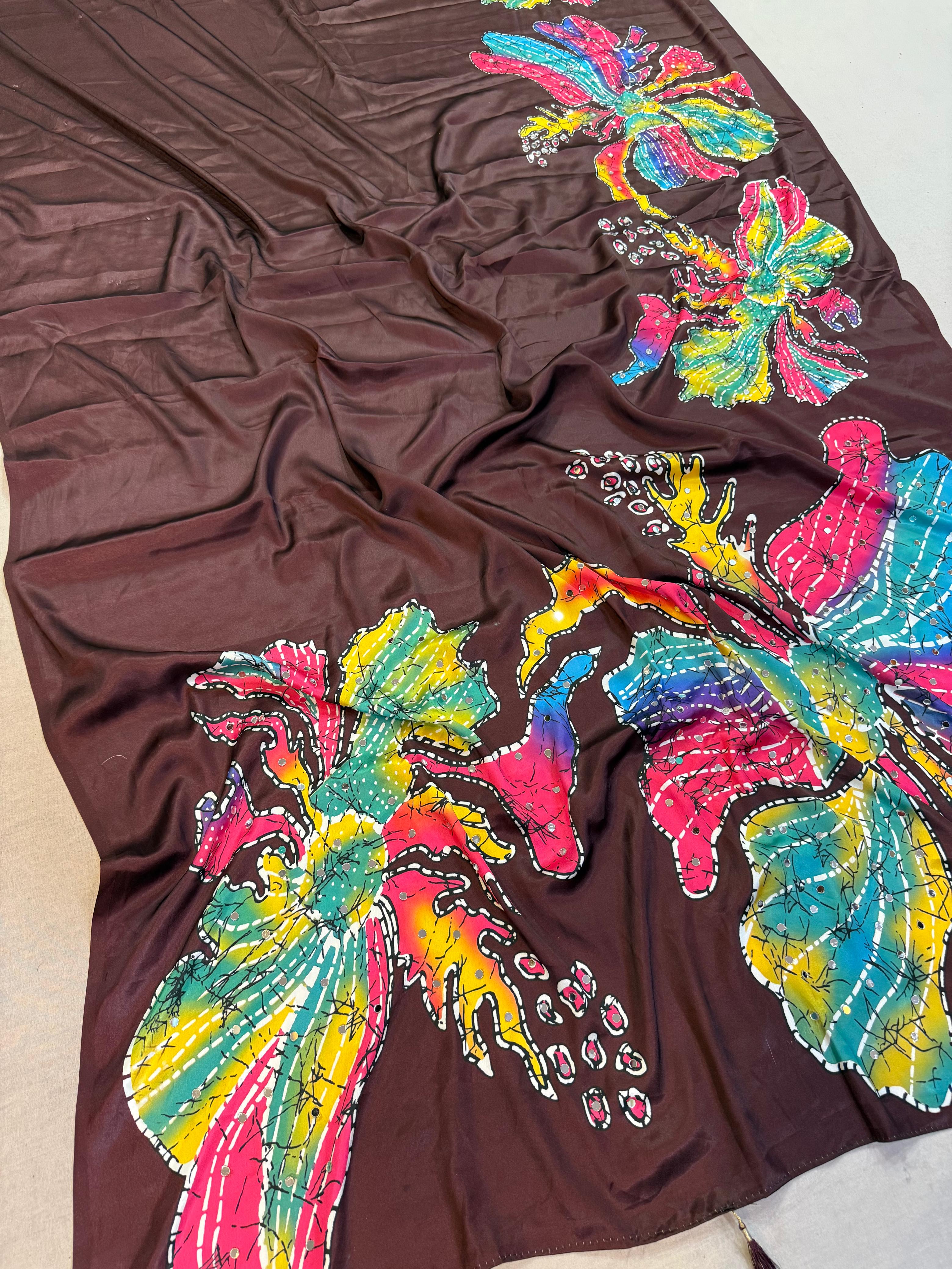 Latest Satin Silk Saree With Digital Print And Stone Handwork