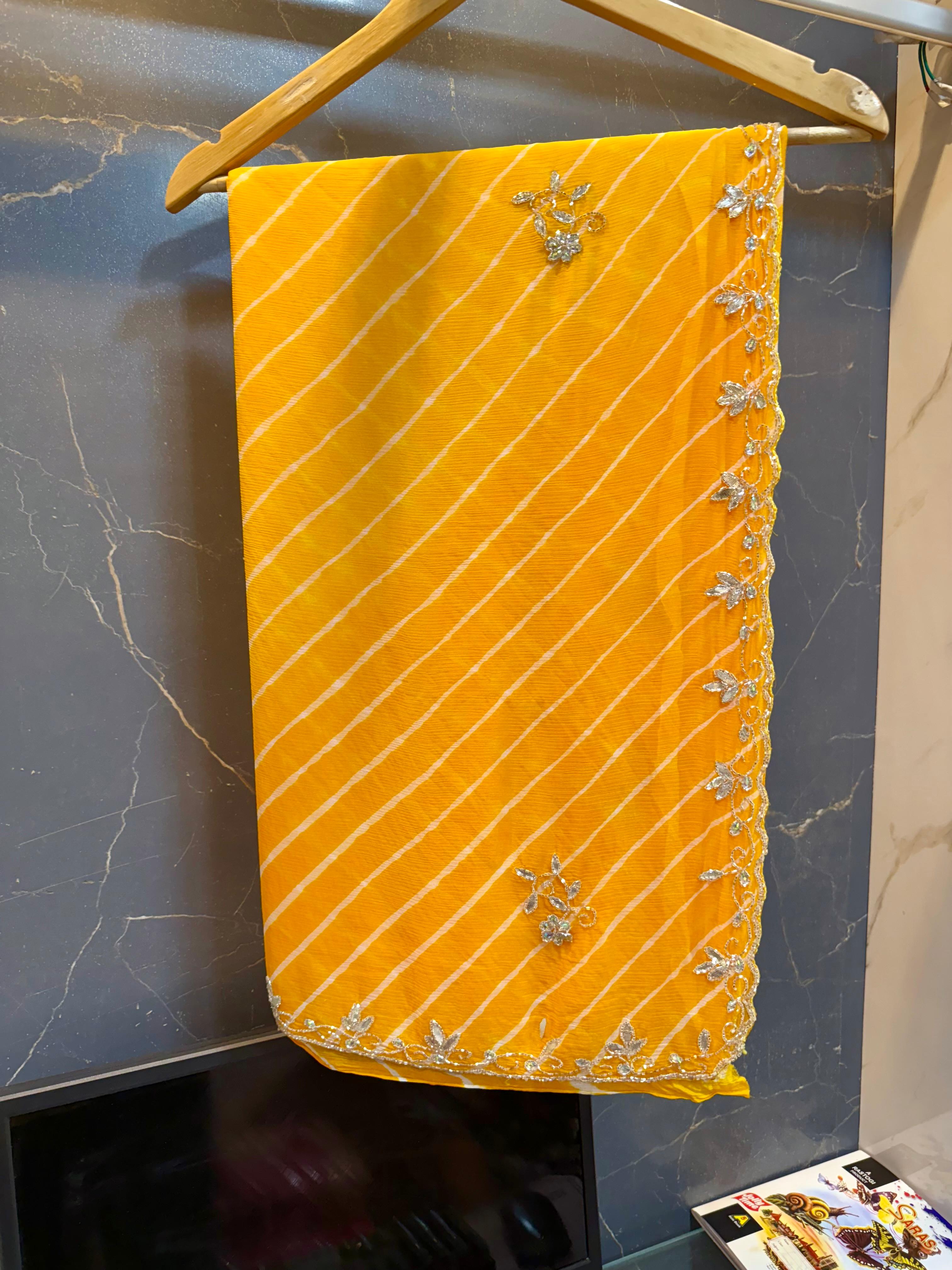 Beautiful Semi Chiffon Lahriya Saree With Handwork