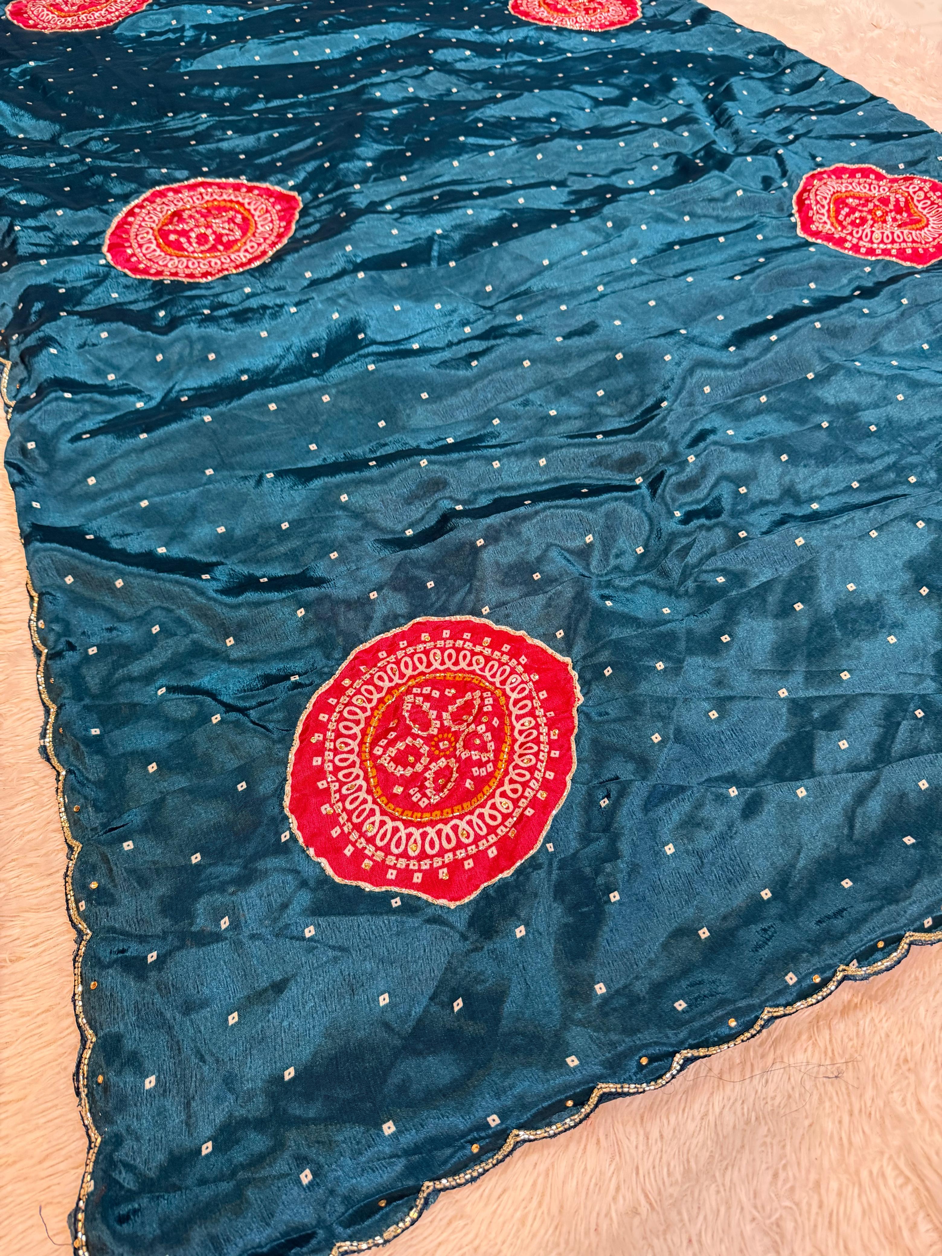 Latest Semi Chinon Bandhani  Saree With Handwork