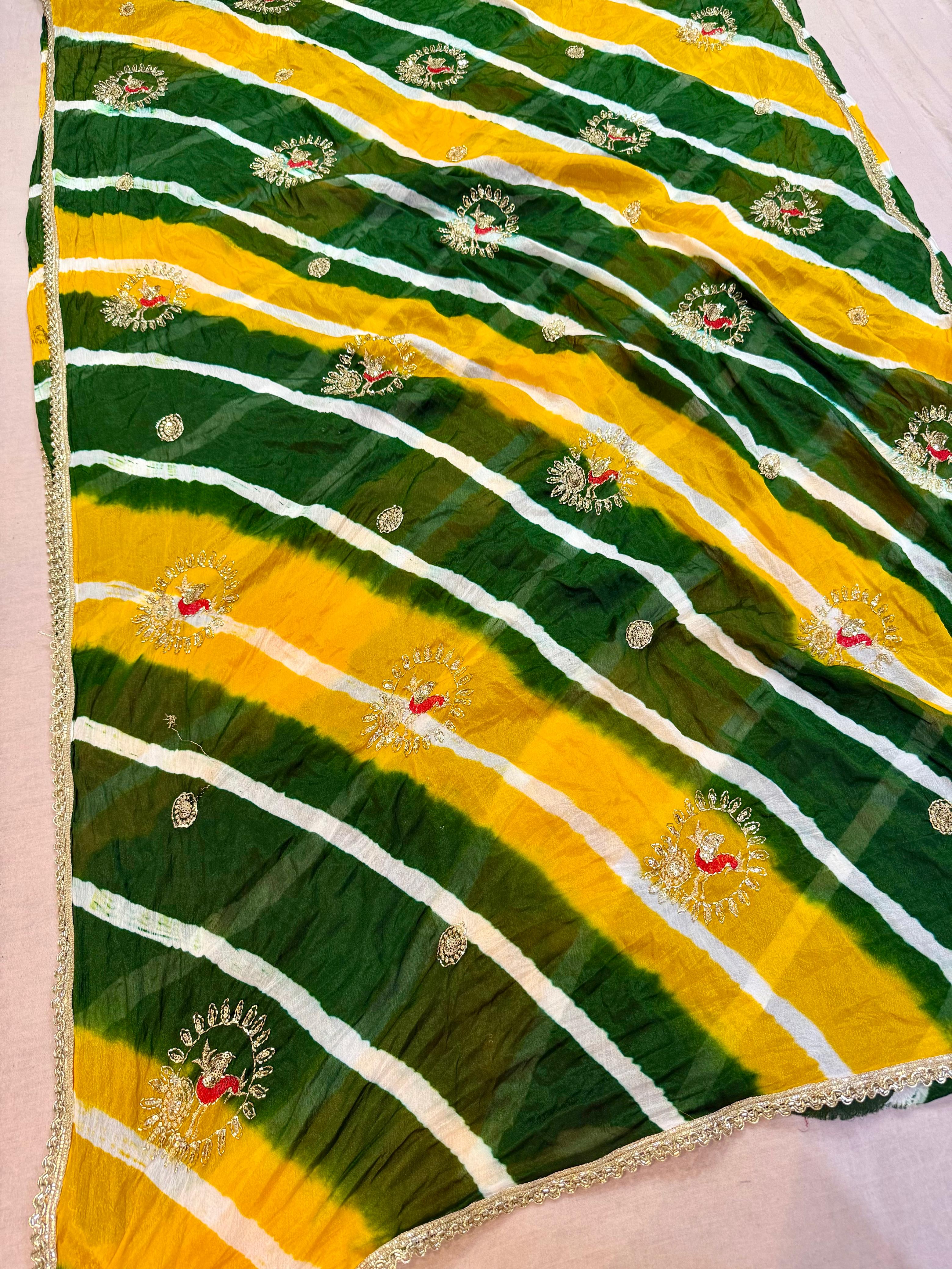 Latest Semi Chinon Leheriya Saree With Handwork