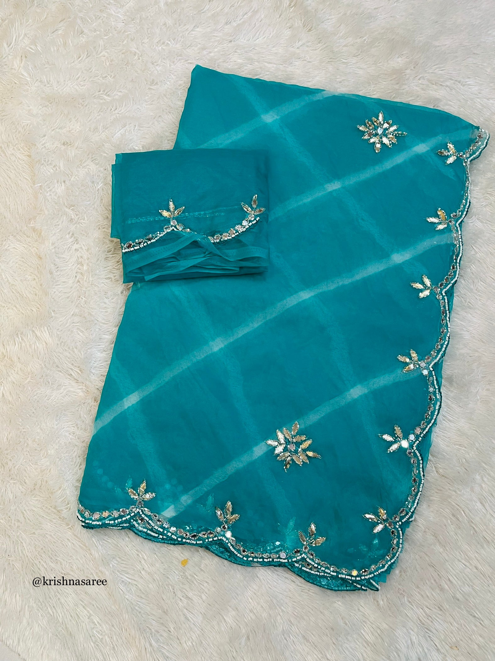 Beautiful Organza Lahriya Saree With Handwork