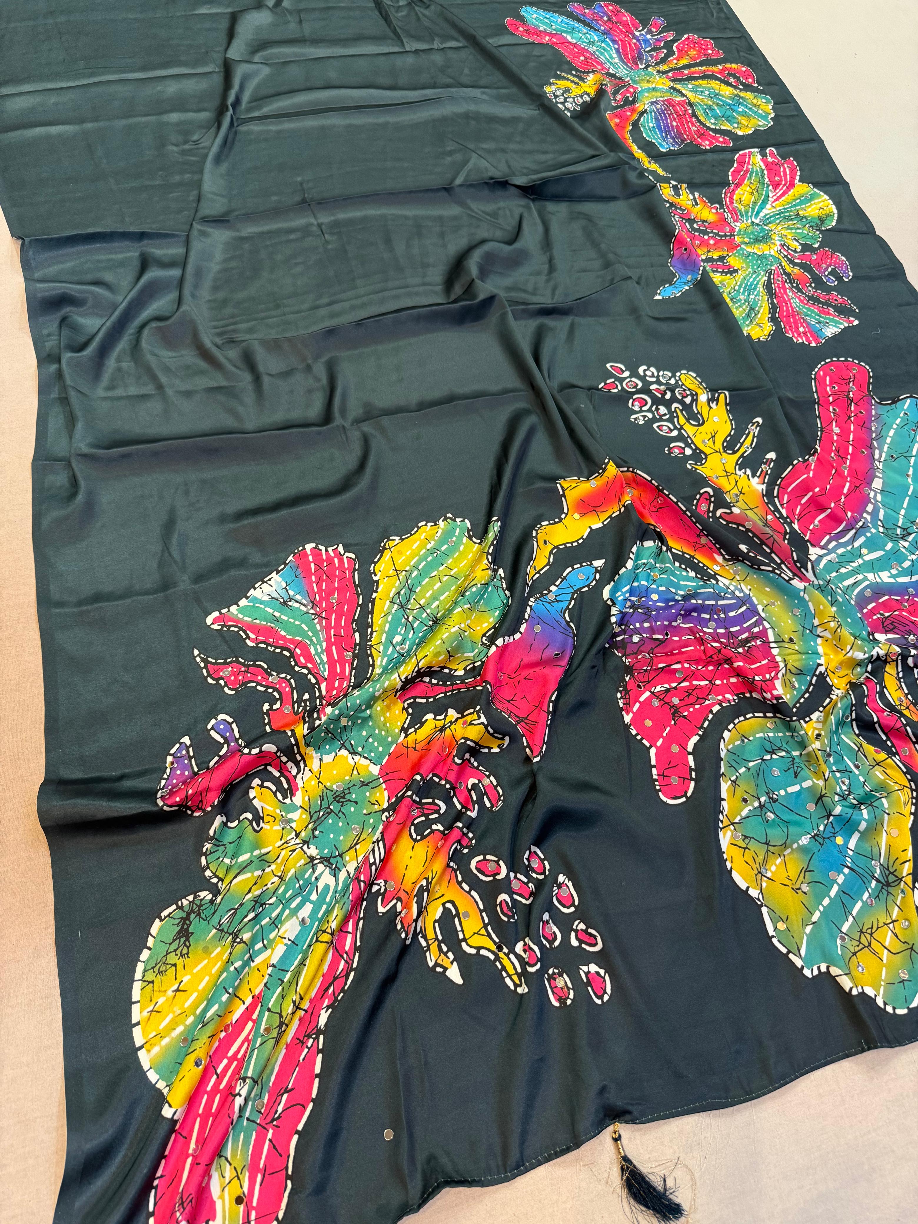 Latest Satin Silk Saree With Digital Print And Stone Handwork