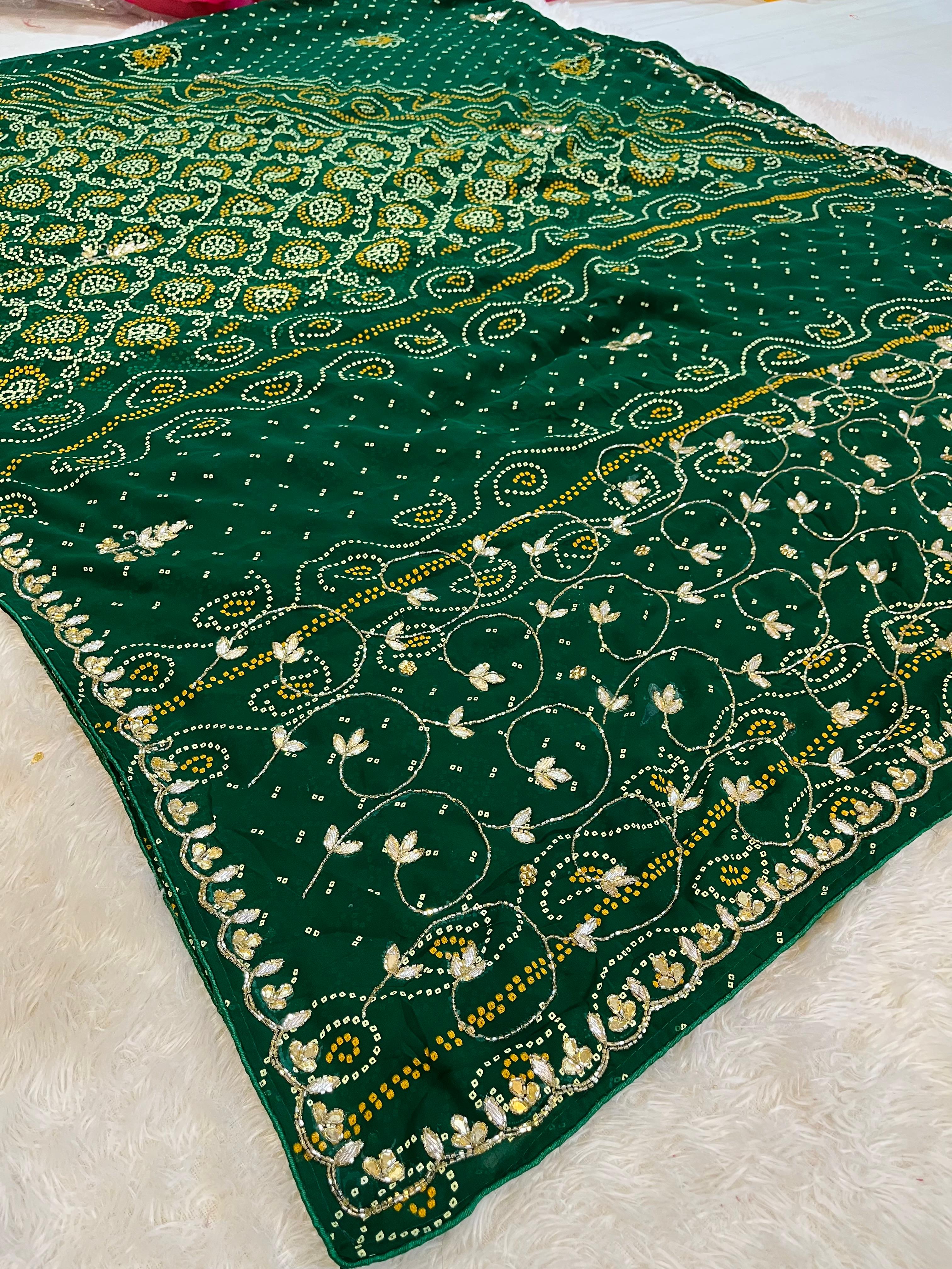 Georgatte Bandhani Table Print Saree With Handwork