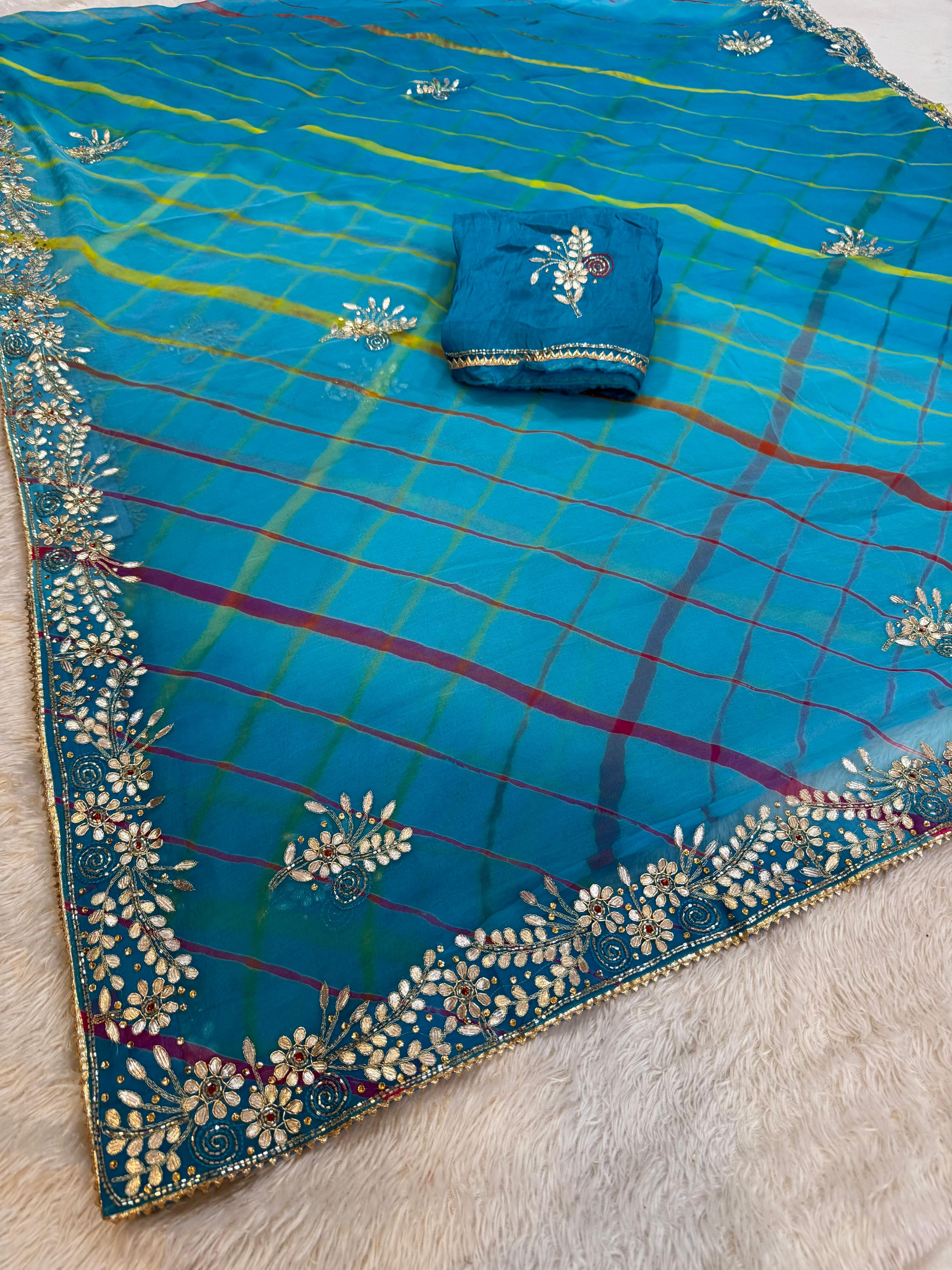 Beautiful Leheriya Pure Chiffon Saree With Handwork