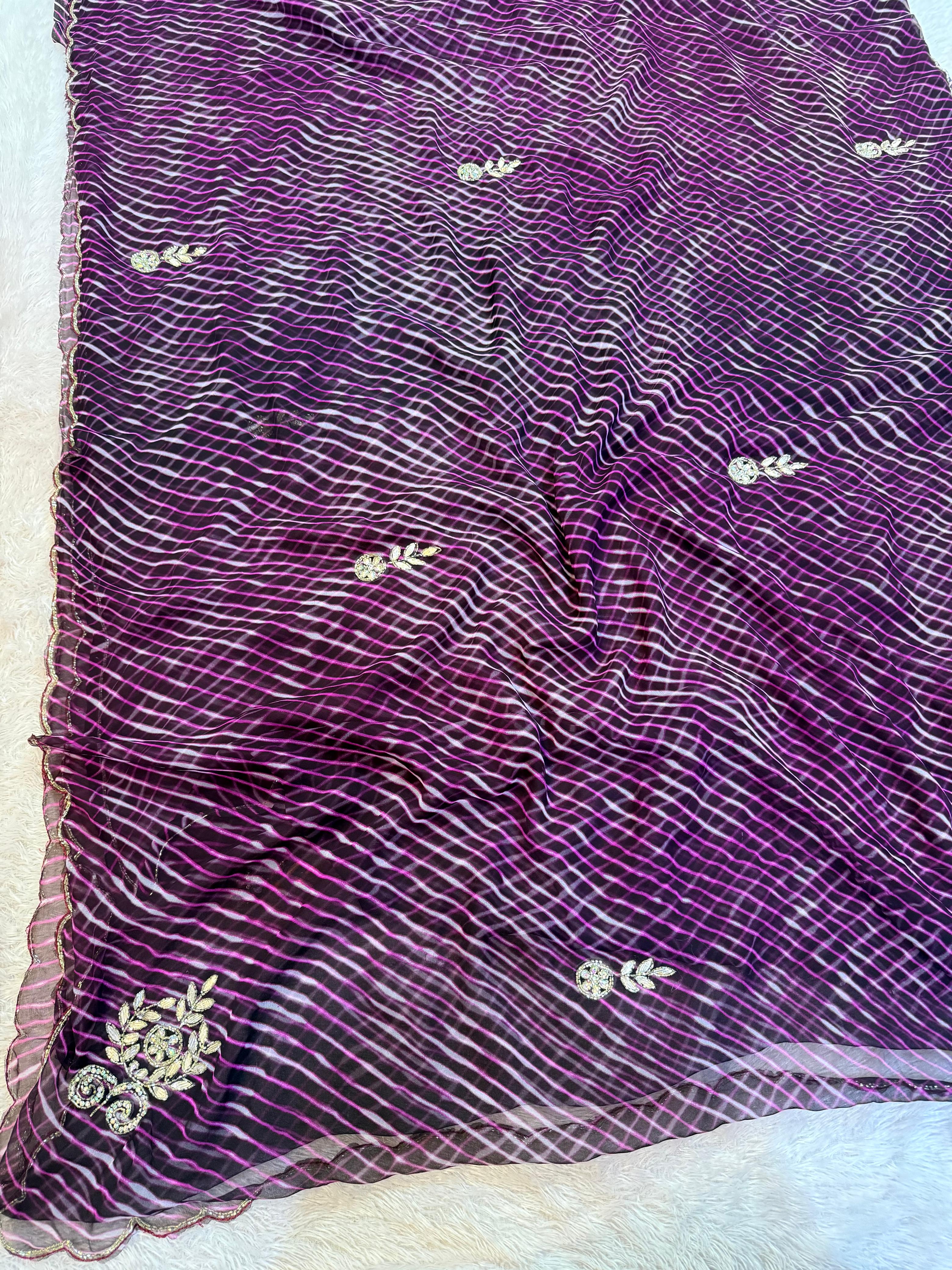 Trending Lehriya Saree with Designer Floral Handwork