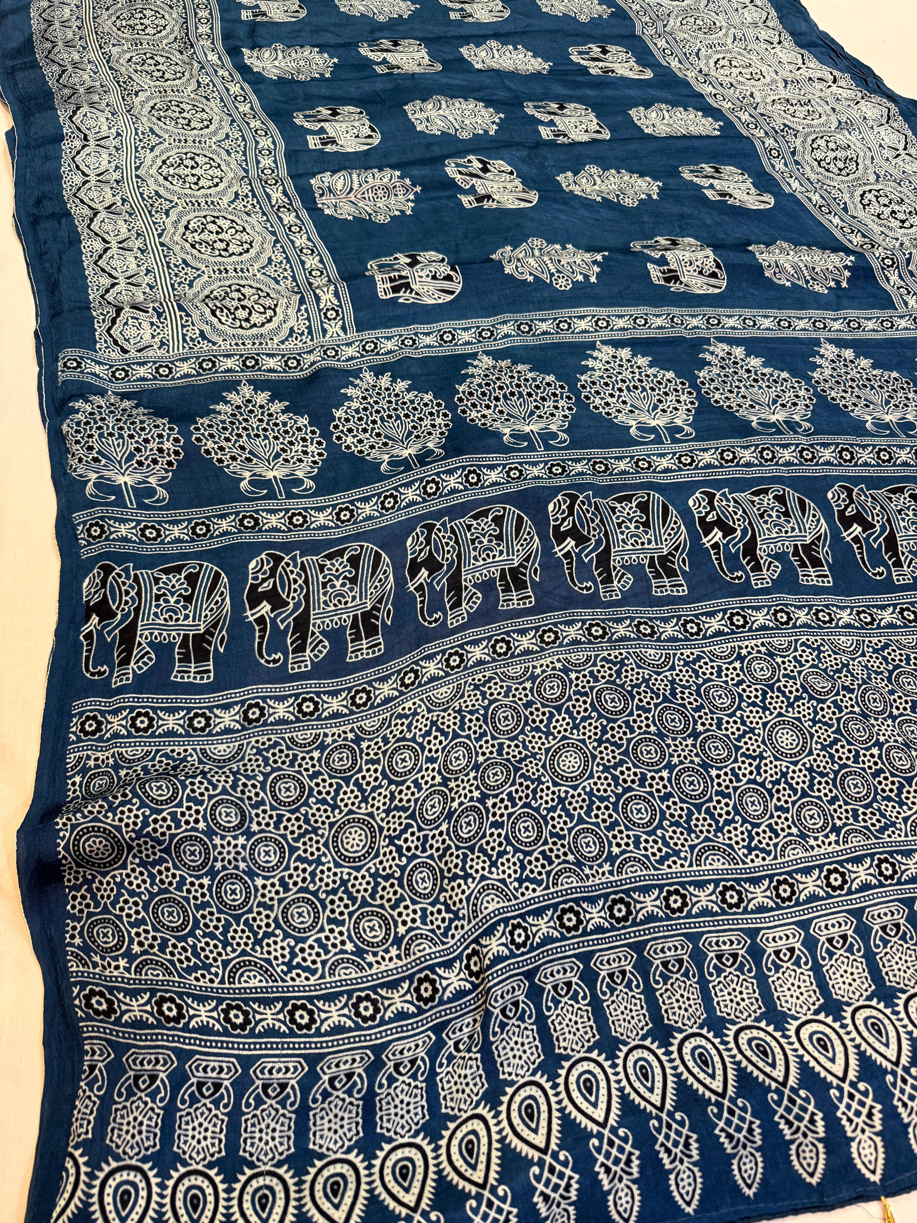 Modal Silk Saree With Jaipuri Print X Ajrakh Print