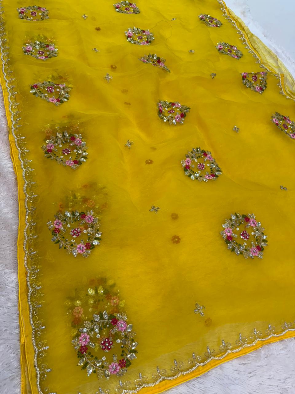 Beautiful Glass Tissue Saree With Handwork