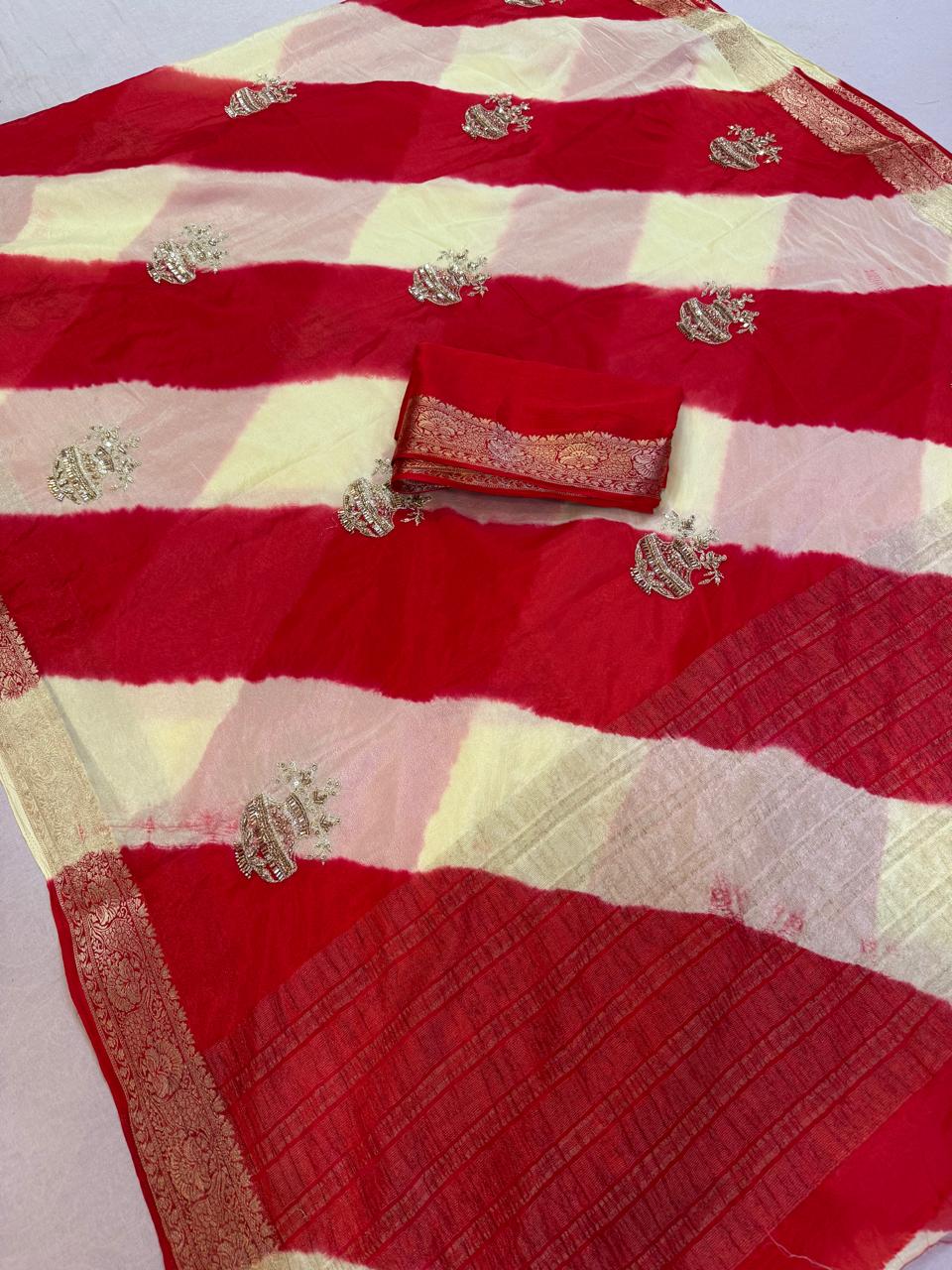 Designer Semi Chinon Saree With Handwork