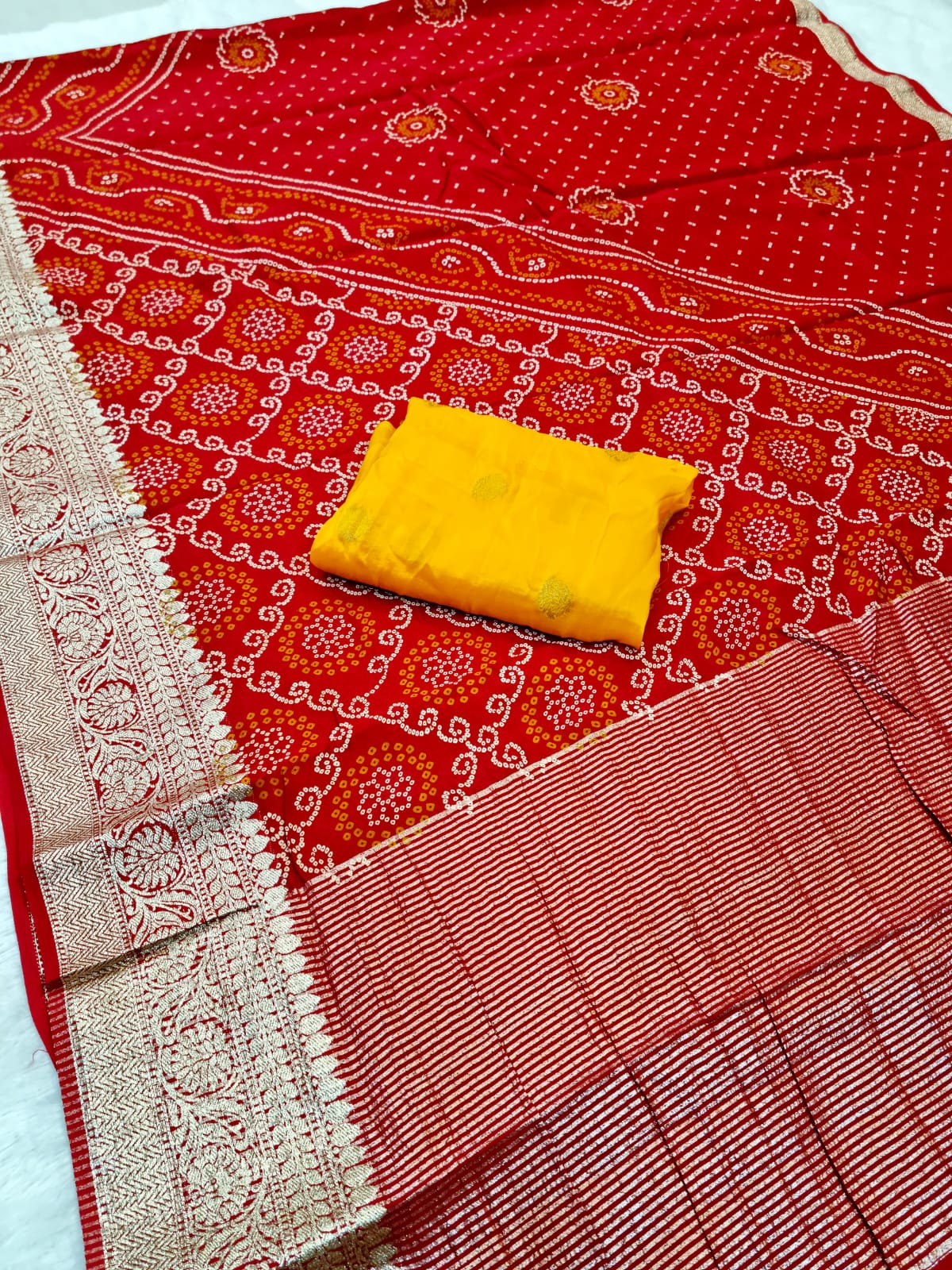 Block Print Bandhani Saree On Naylon Dolla Silk Fabric