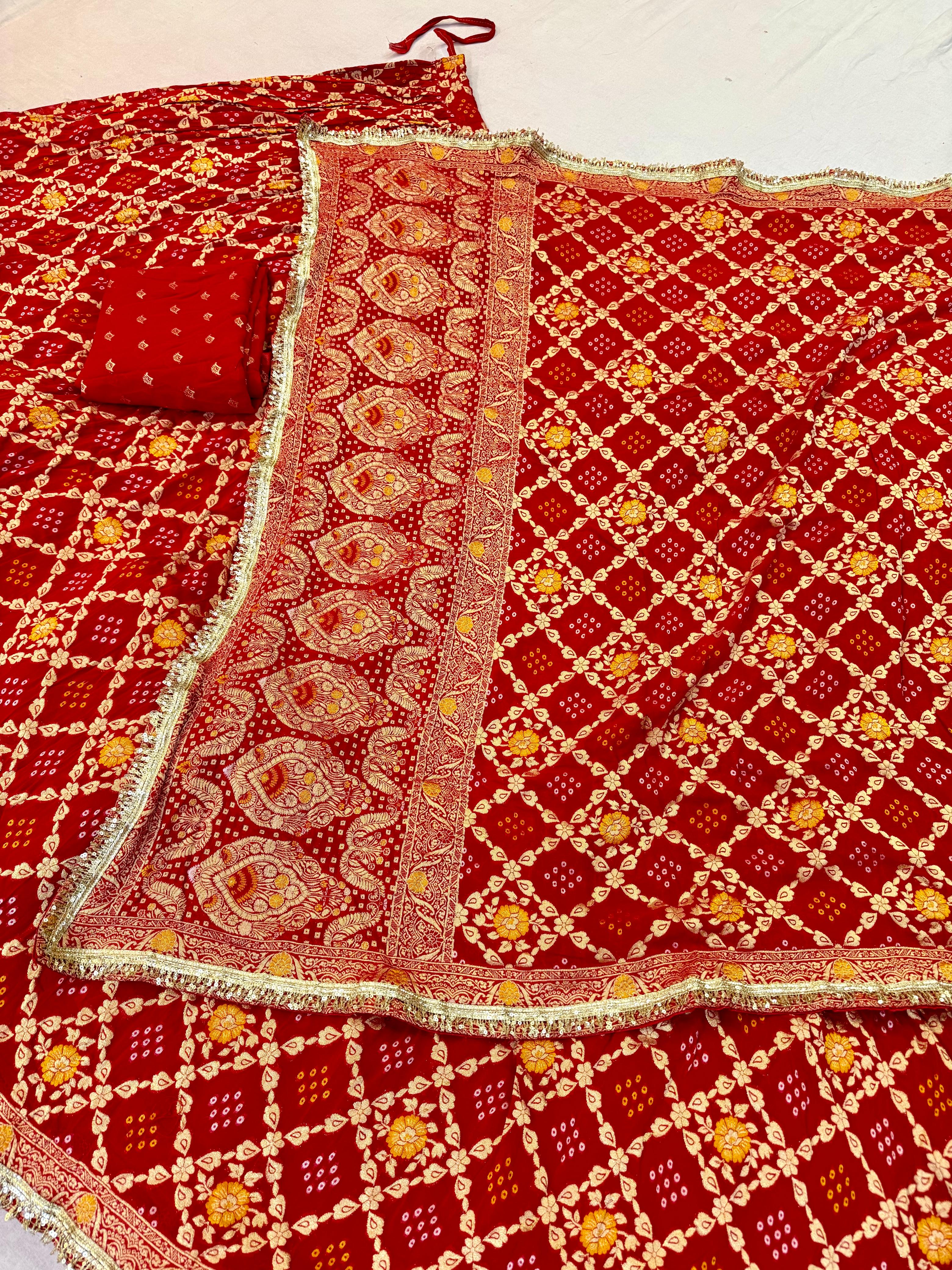 Designer Red Bandhani Lehenga with Lace Border