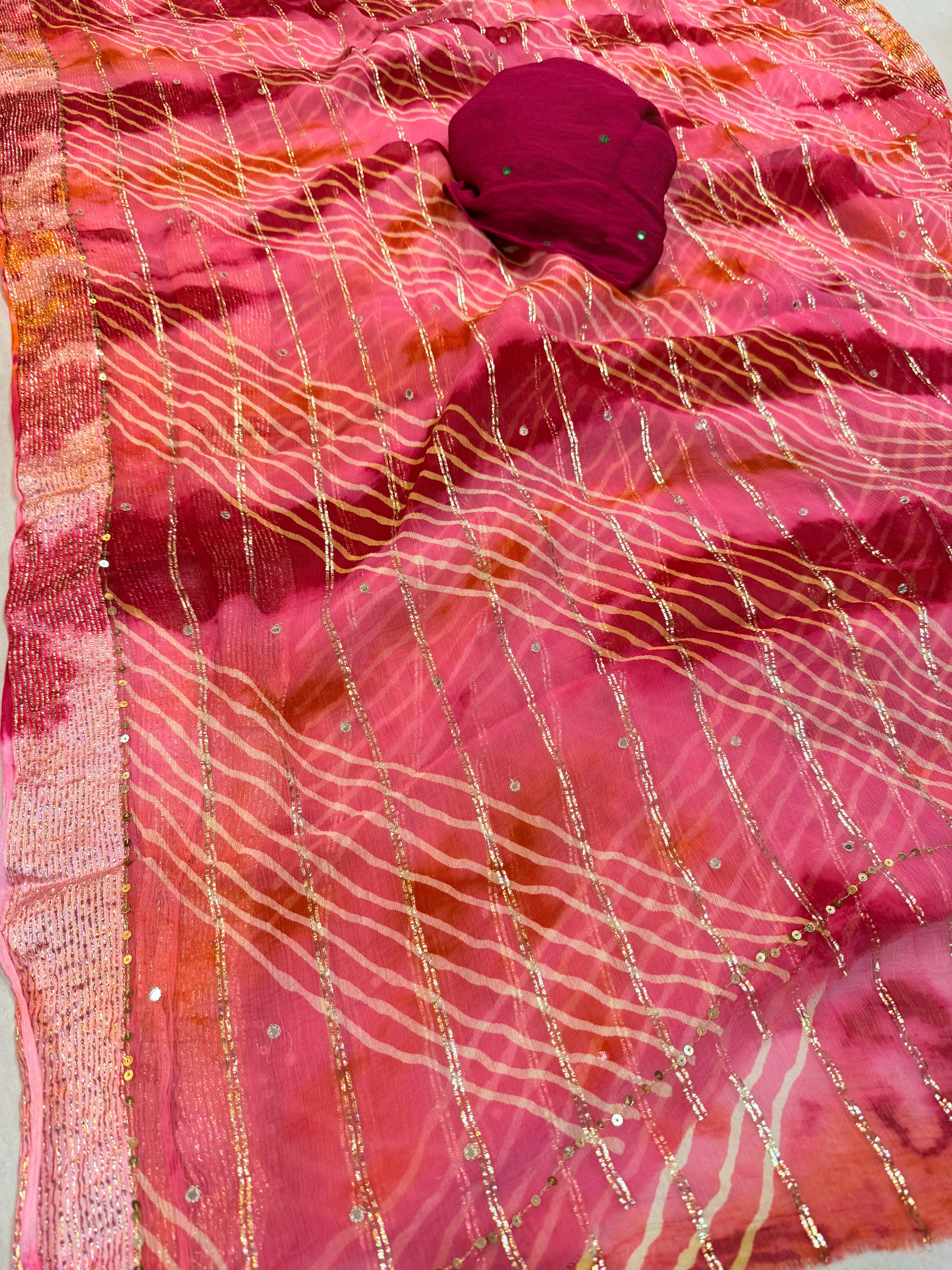 Designer Pure Chiffon Lahriya Saree With Handwork