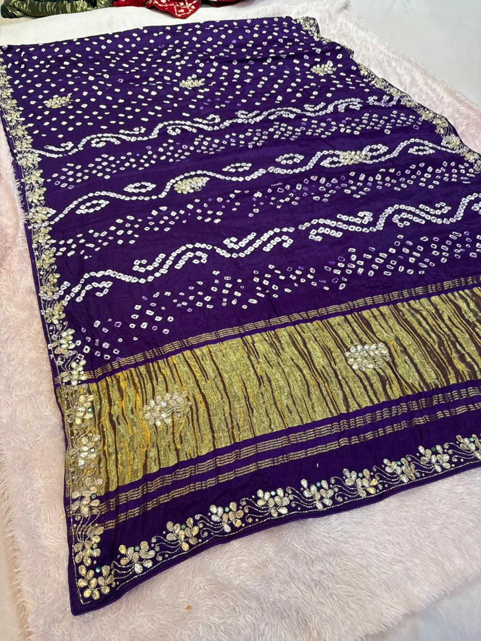 Beautiful Modal Silk Hand Bandhej Saree With Handwork