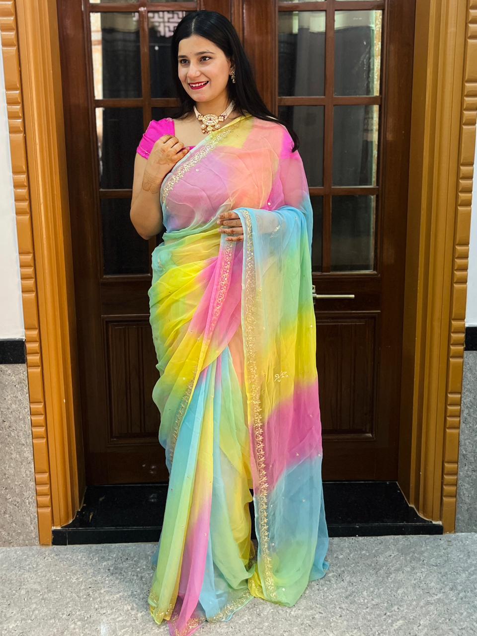 Designer Pure Chiffon  Samundari Leheriya Saree With Handwork