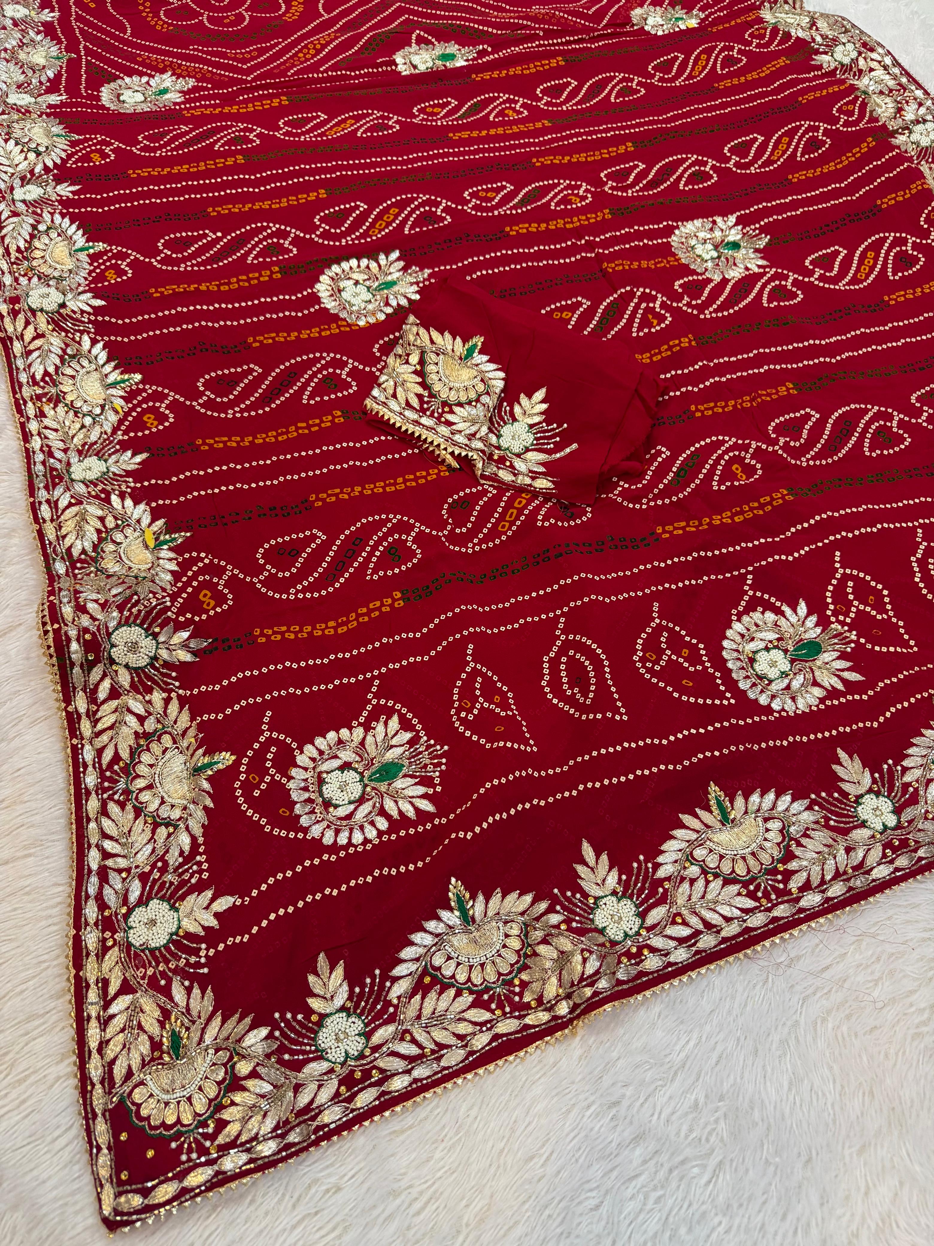 Pure Viscose Georgette Bandhej Saree With Gottapatti Handwork