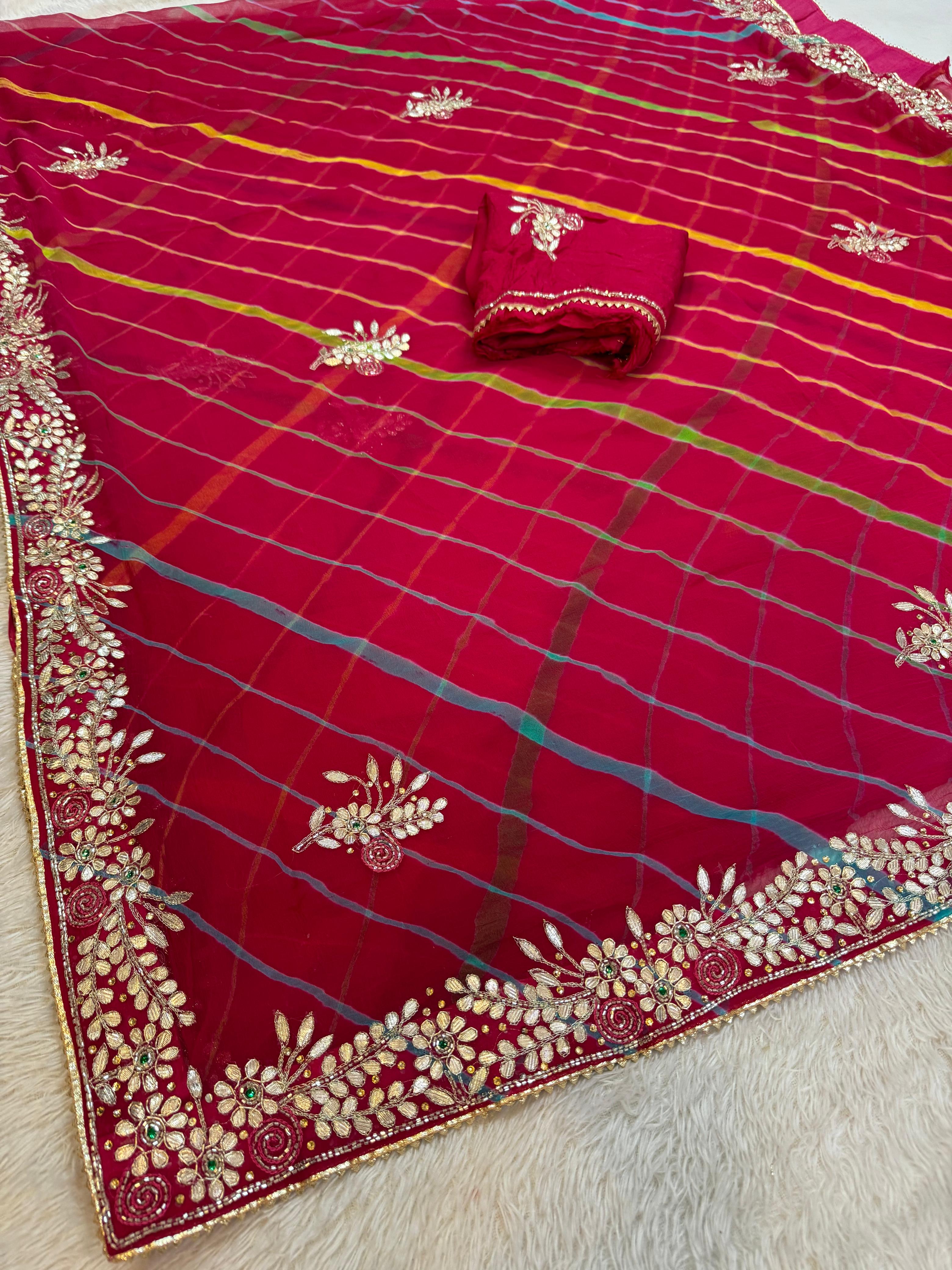 Beautiful Leheriya Pure Chiffon Saree With Handwork