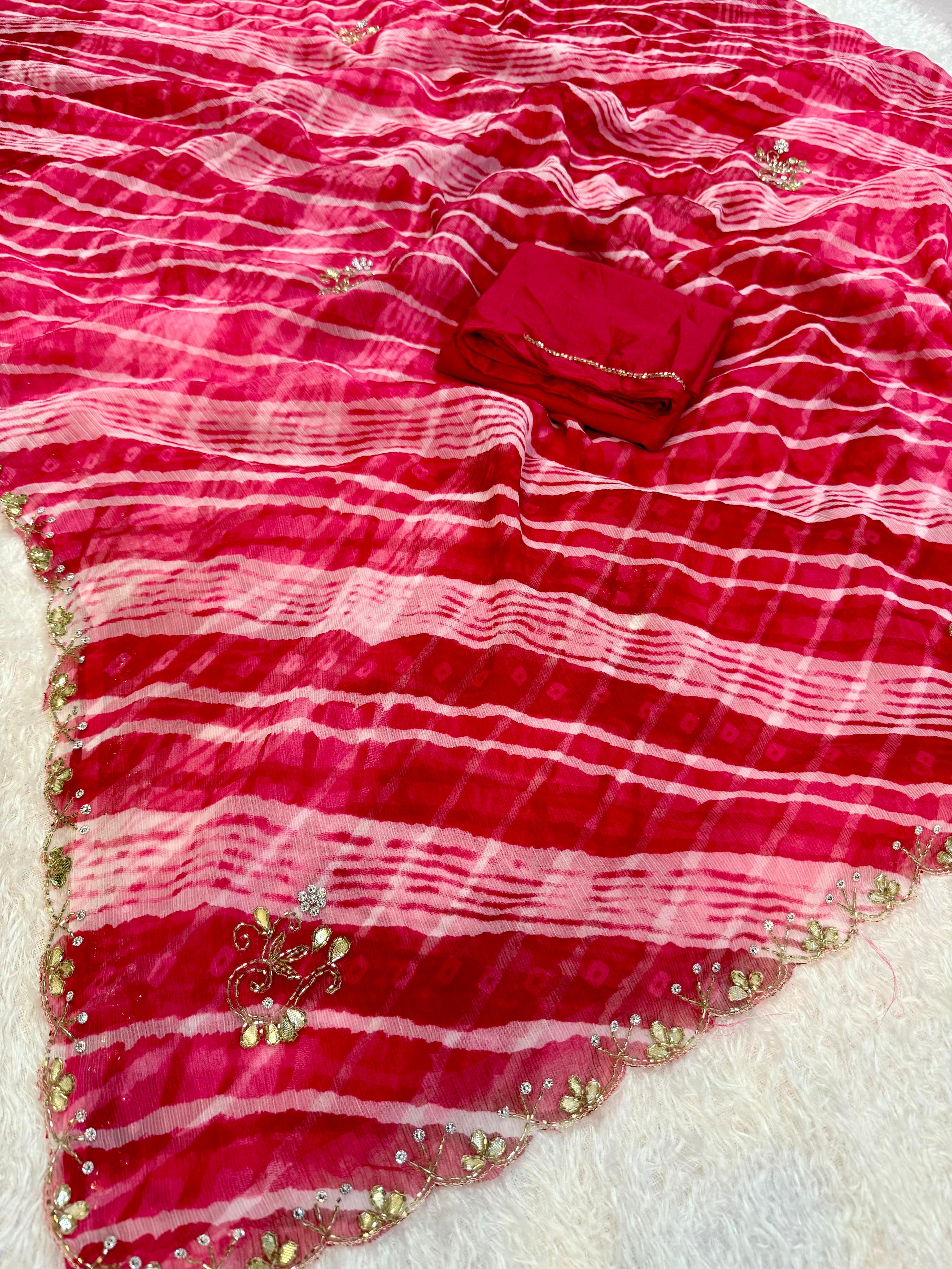 Latest Semi Chiffon Leheriya Saree With Handwork