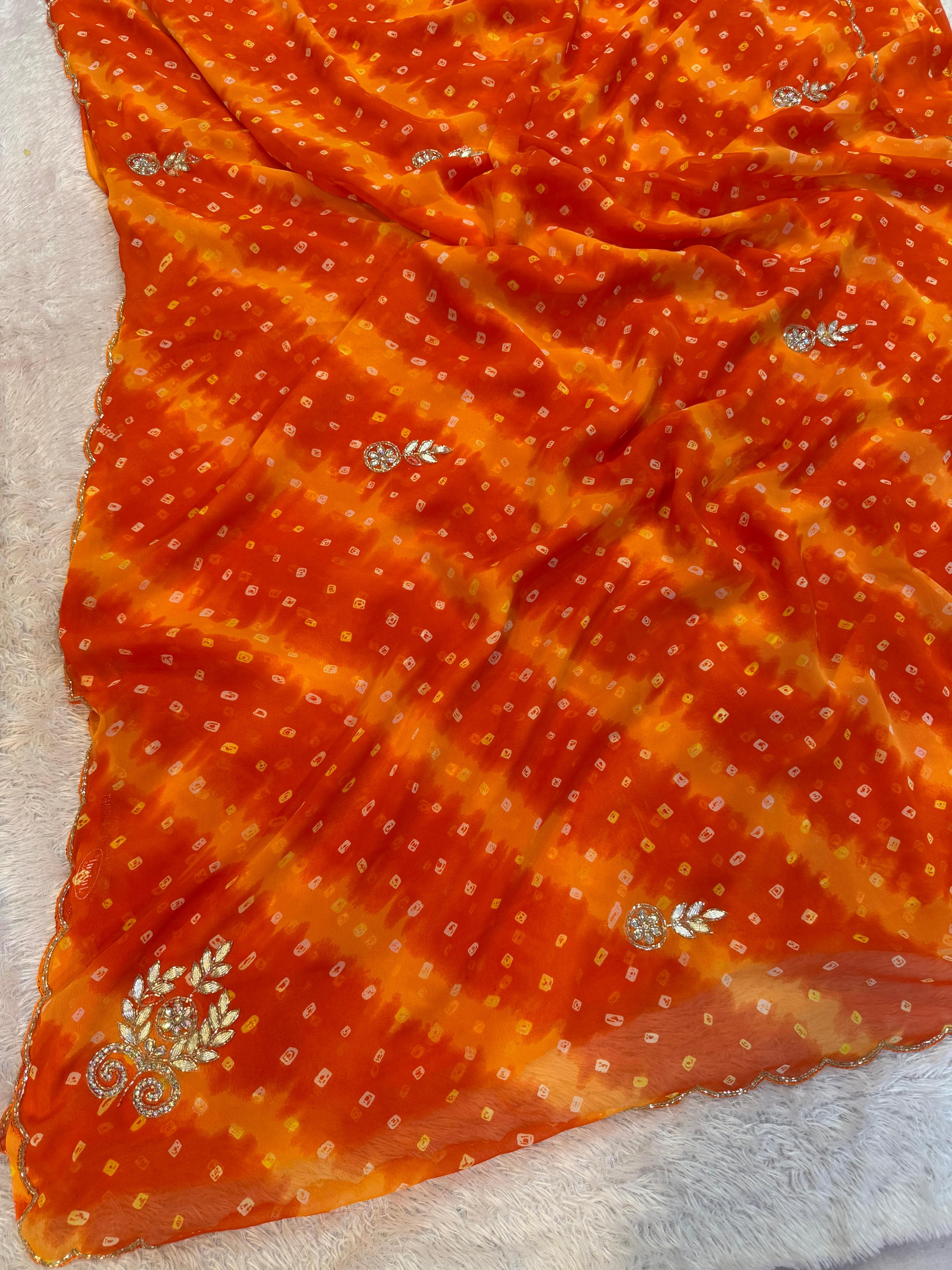 Beautiful Semi Chiffon Saree With Handwork And Hand Bhandej