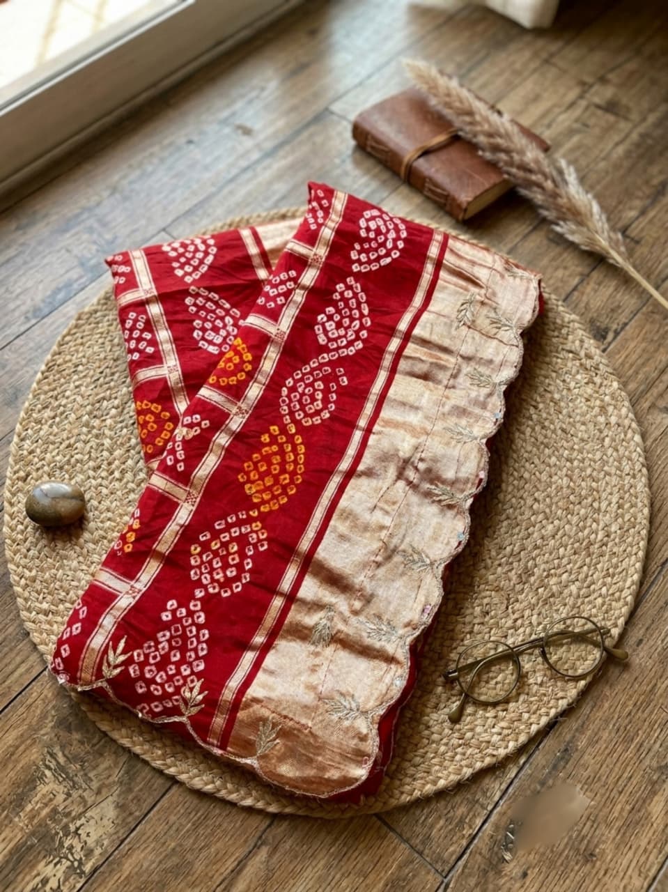 Traditional Bandhani Dupatta with Golden Zari Border