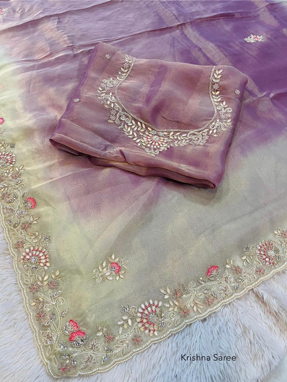 Luxury Tissue Cosmos Saree With Premium Handwork