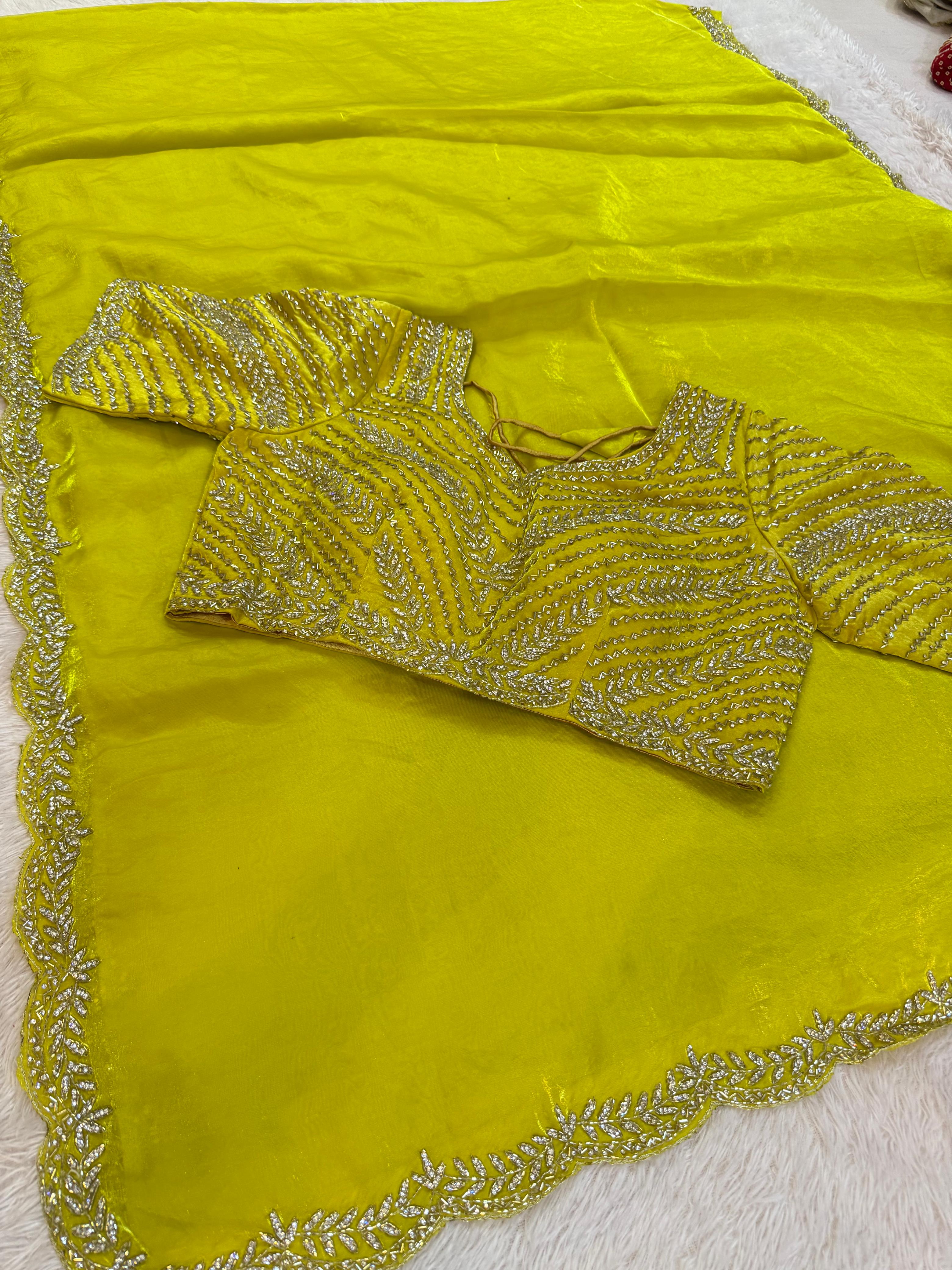 Designer Fendi Silk Saree With Handwork X Ready To Ware Blouse