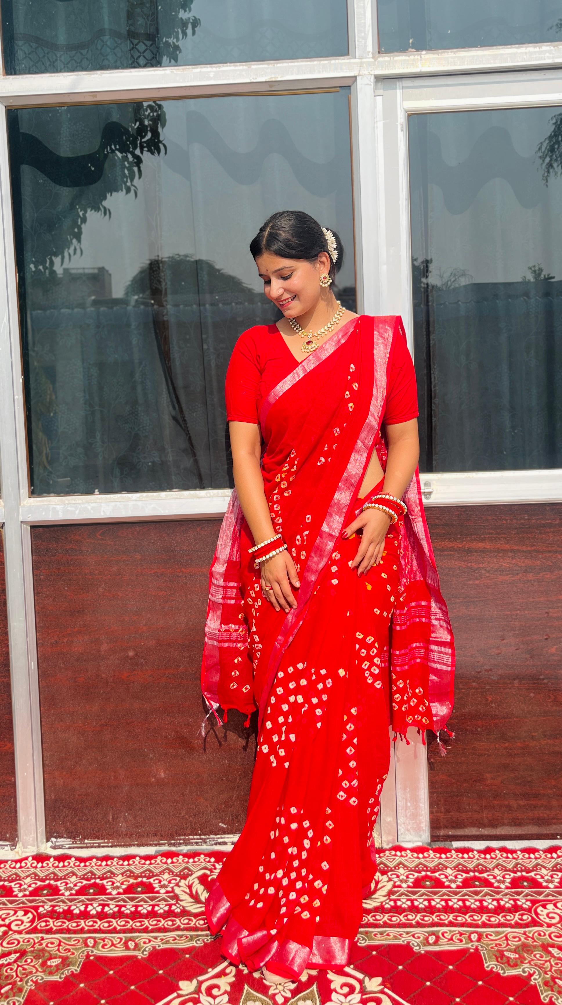 Linan Cotton Saree Hand Bandhej Jaipuri Design