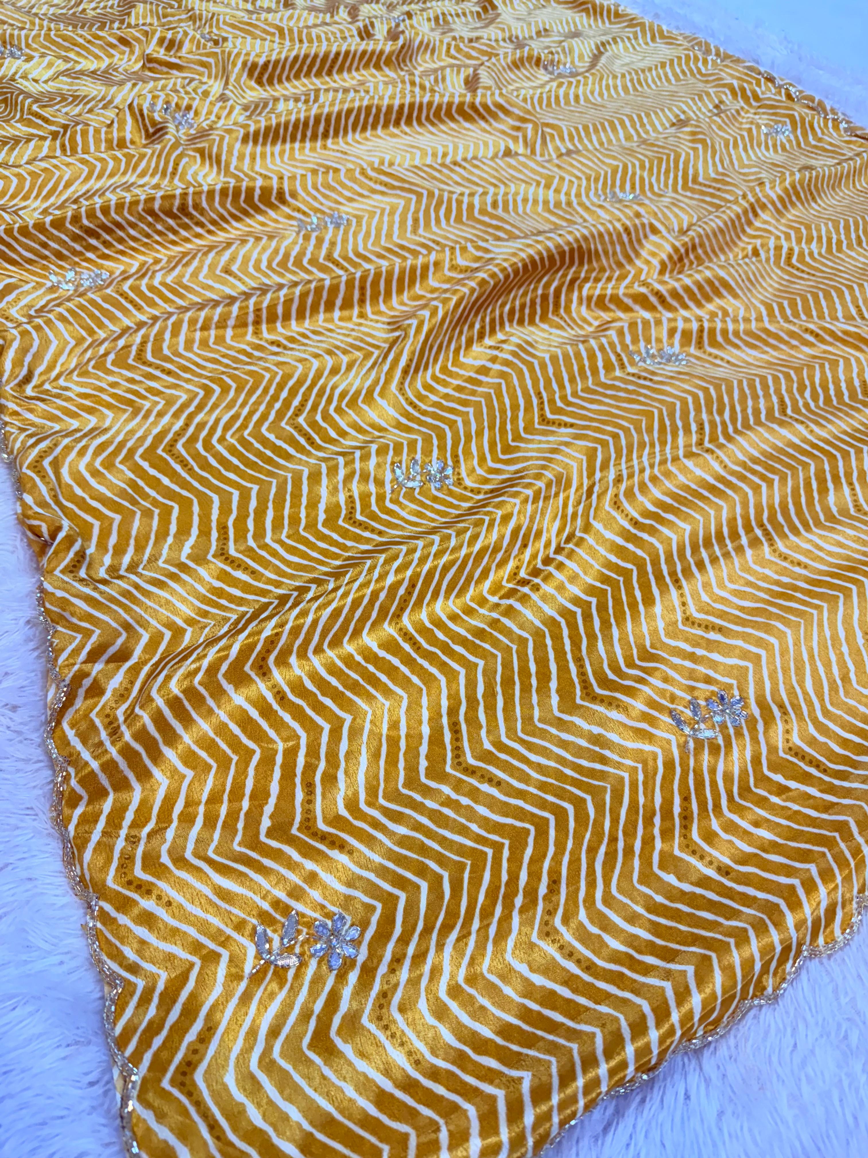 Beautiful Semi Chinon  Lahriya Saree With Handwork