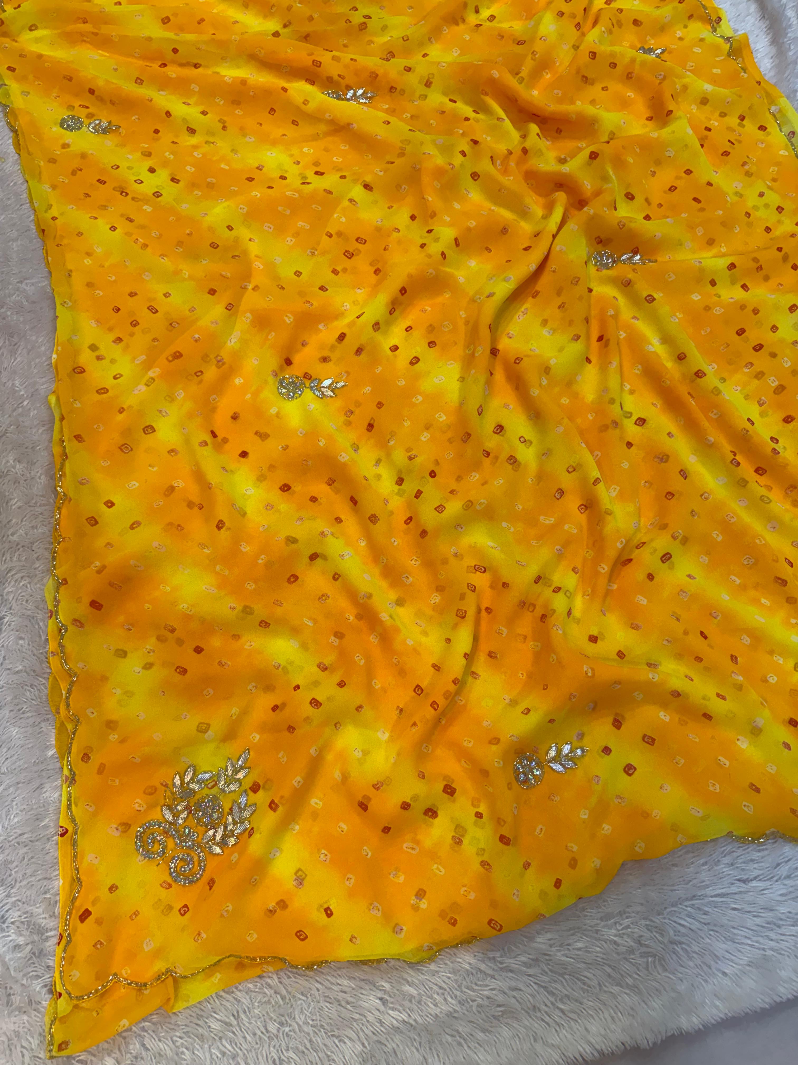 Beautiful Semi Chiffon Saree With Handwork And Hand Bhandej