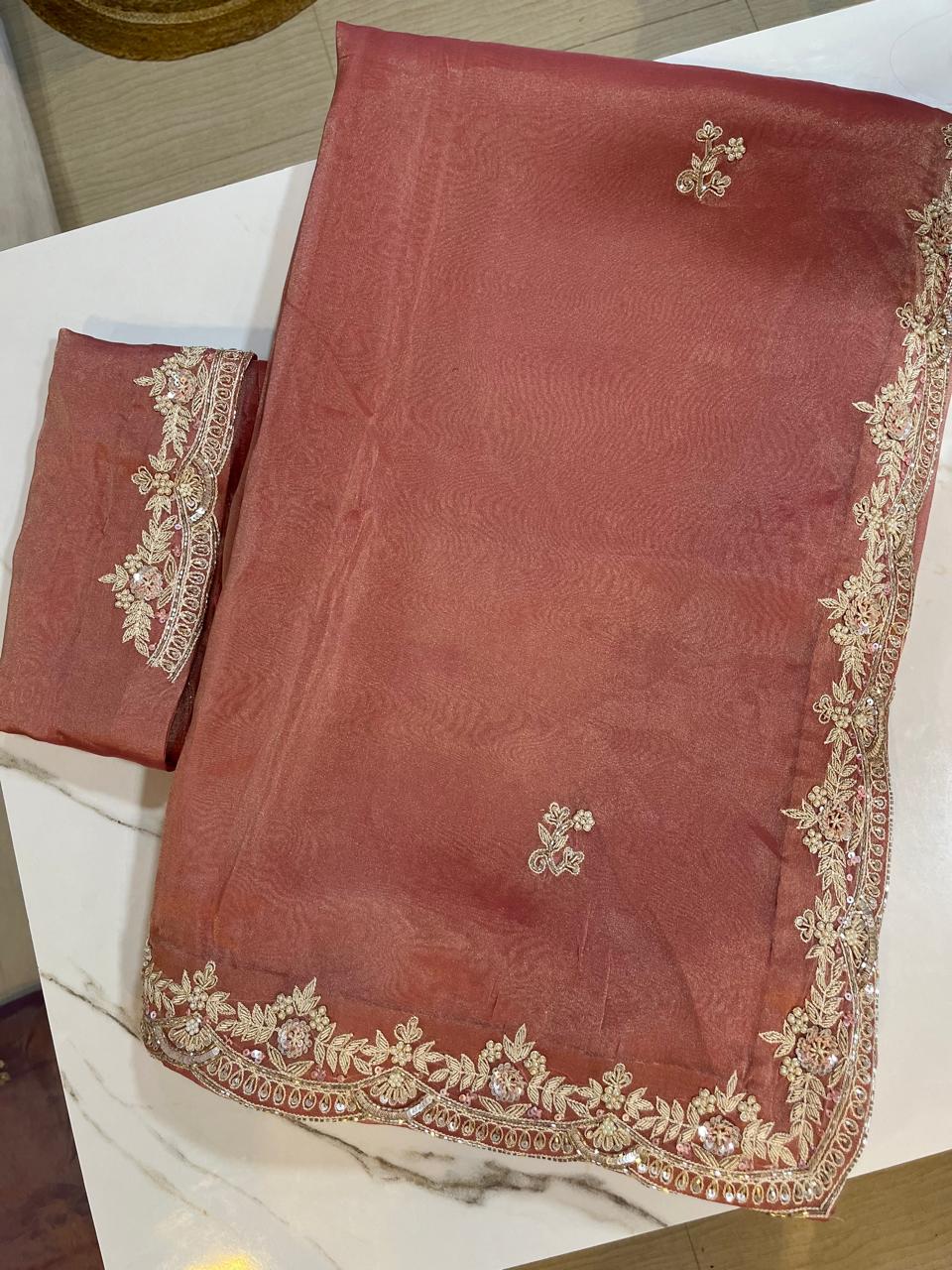 Luxury Tissue Cosmos Saree With Handwork