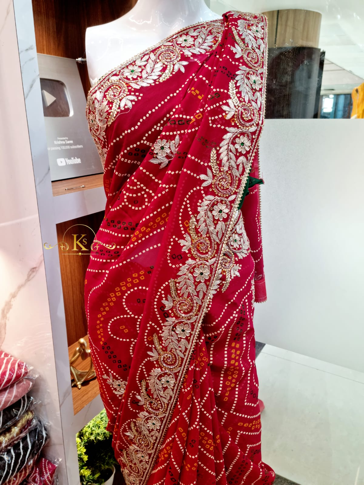 Pure Viscose Georgatte Bandhni Print Saree With Handwork