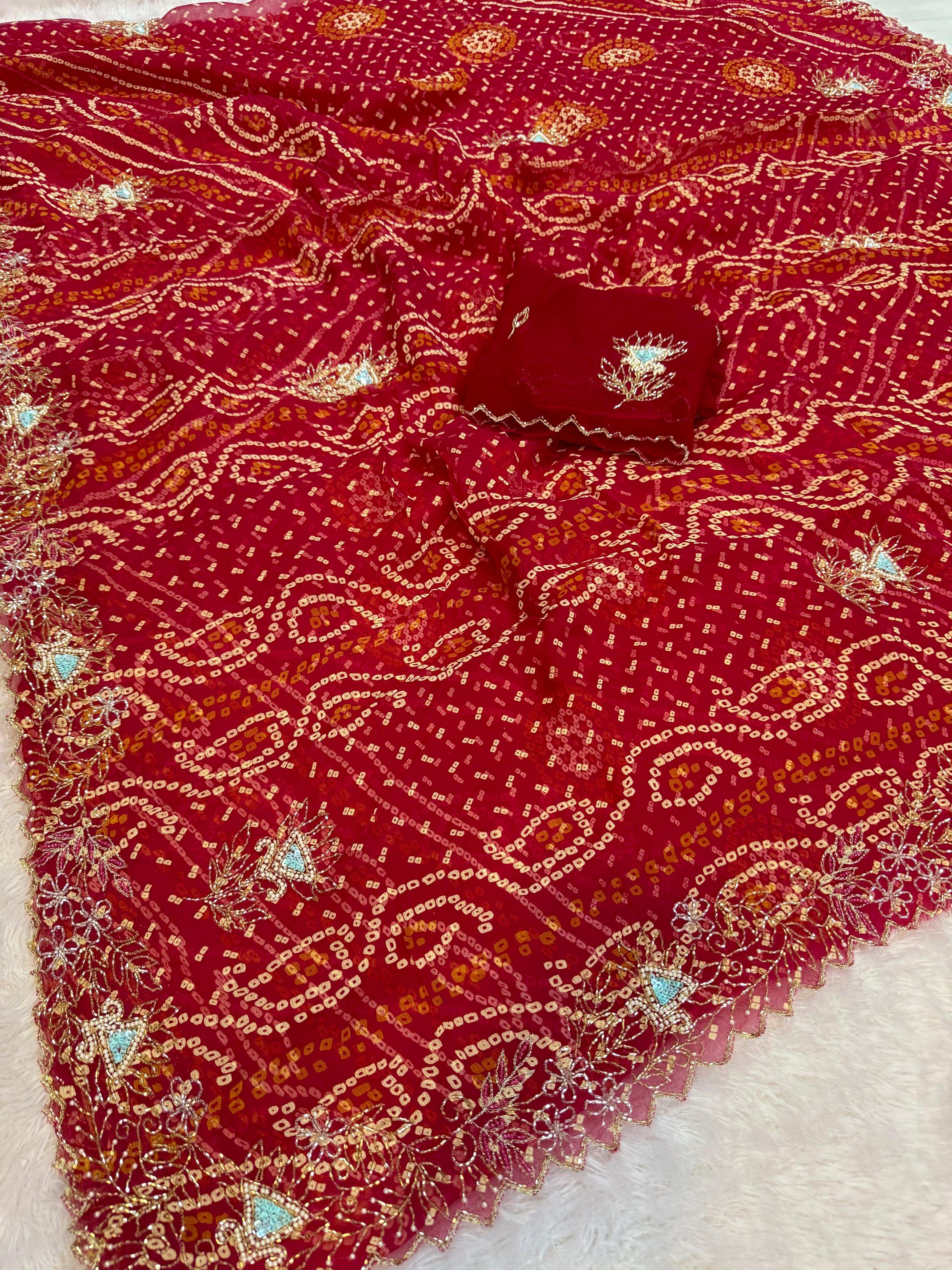 Traditional Pure Chiffon Bandhani Saree With Handwork