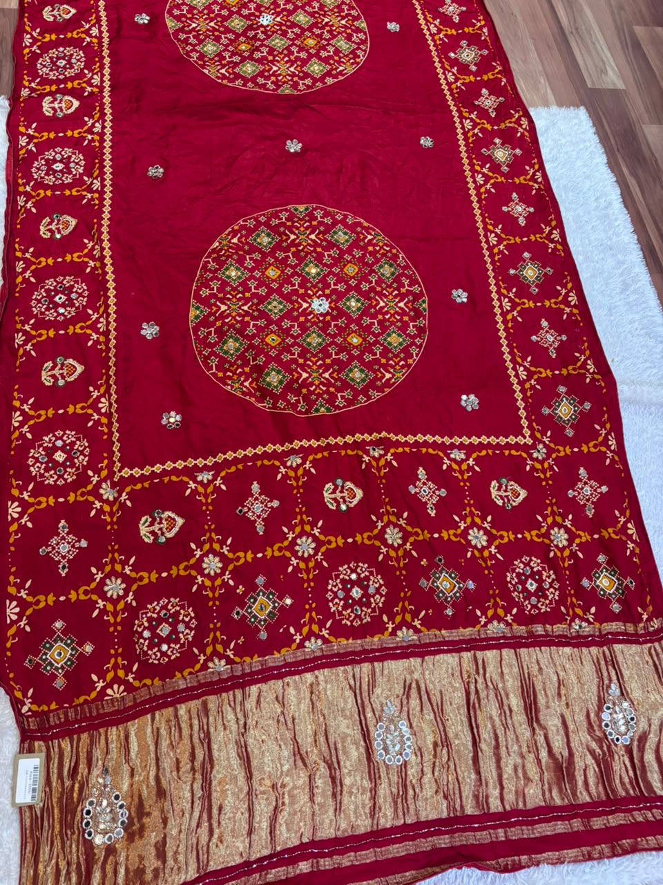 Modal Gajji Silk Saree With Ajrak print & Handwork