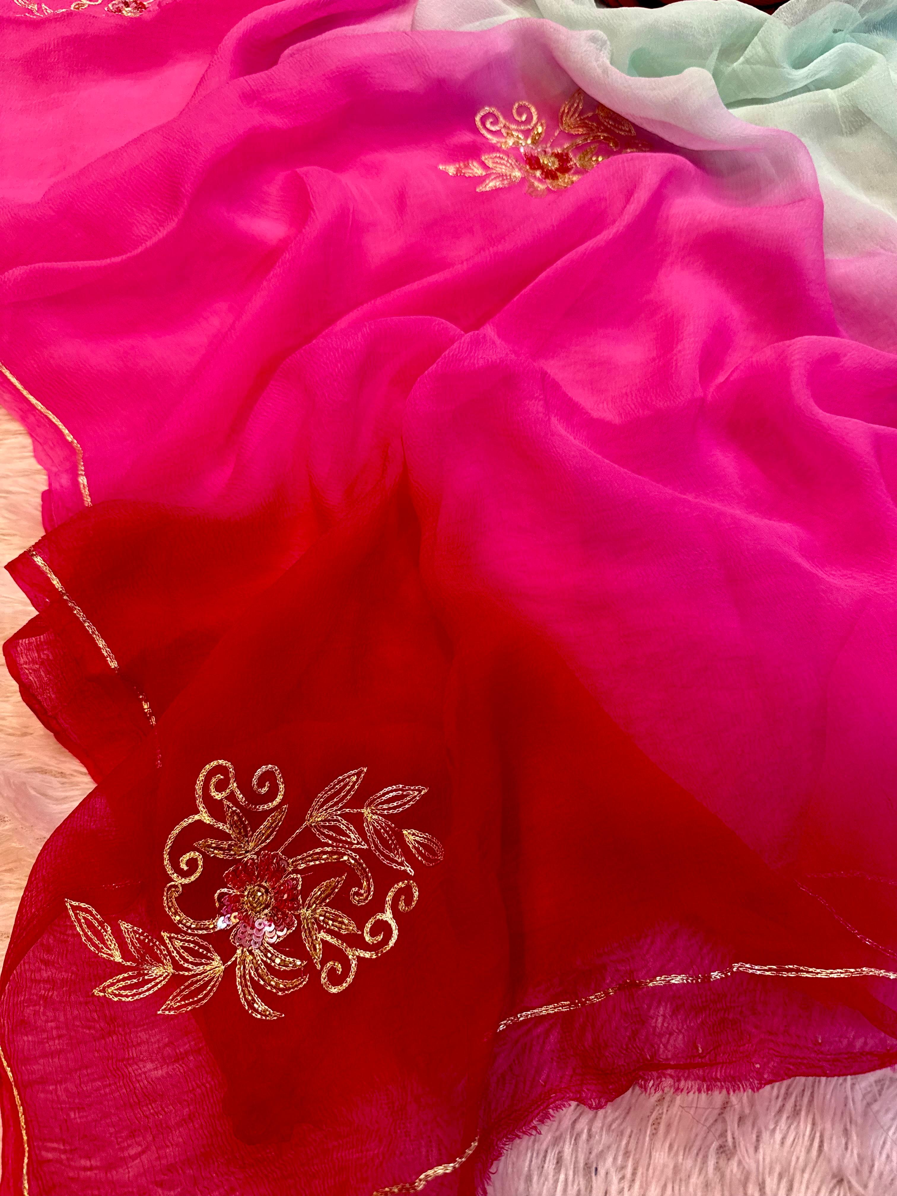 Rich Look  Pure Chiffon Saree With Handwork