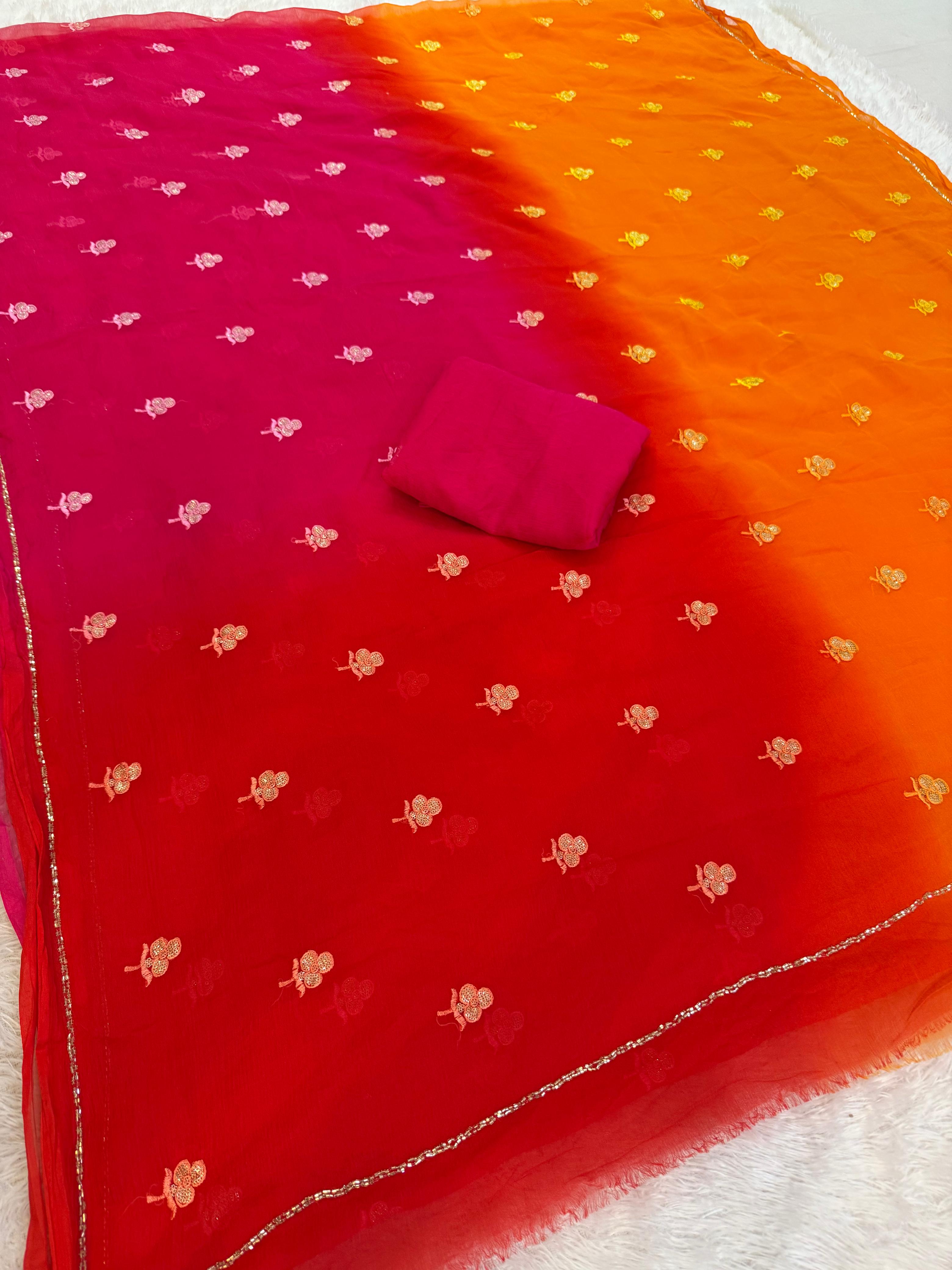 Designer Semi Chiffon Multi Dye Saree With Handwork
