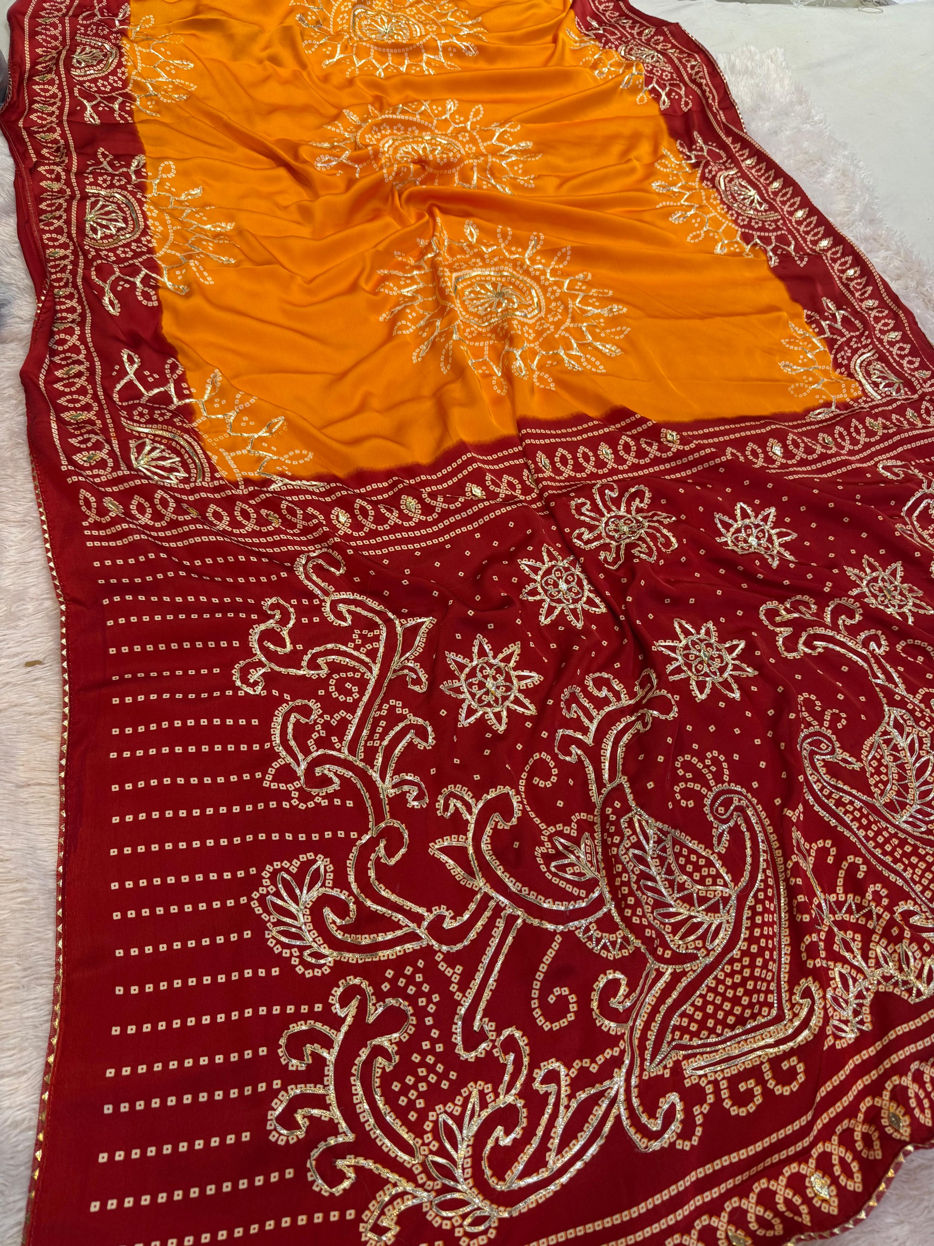 Beautiful Satin Silk Saree Bandhani Saree With Gottapatti Work