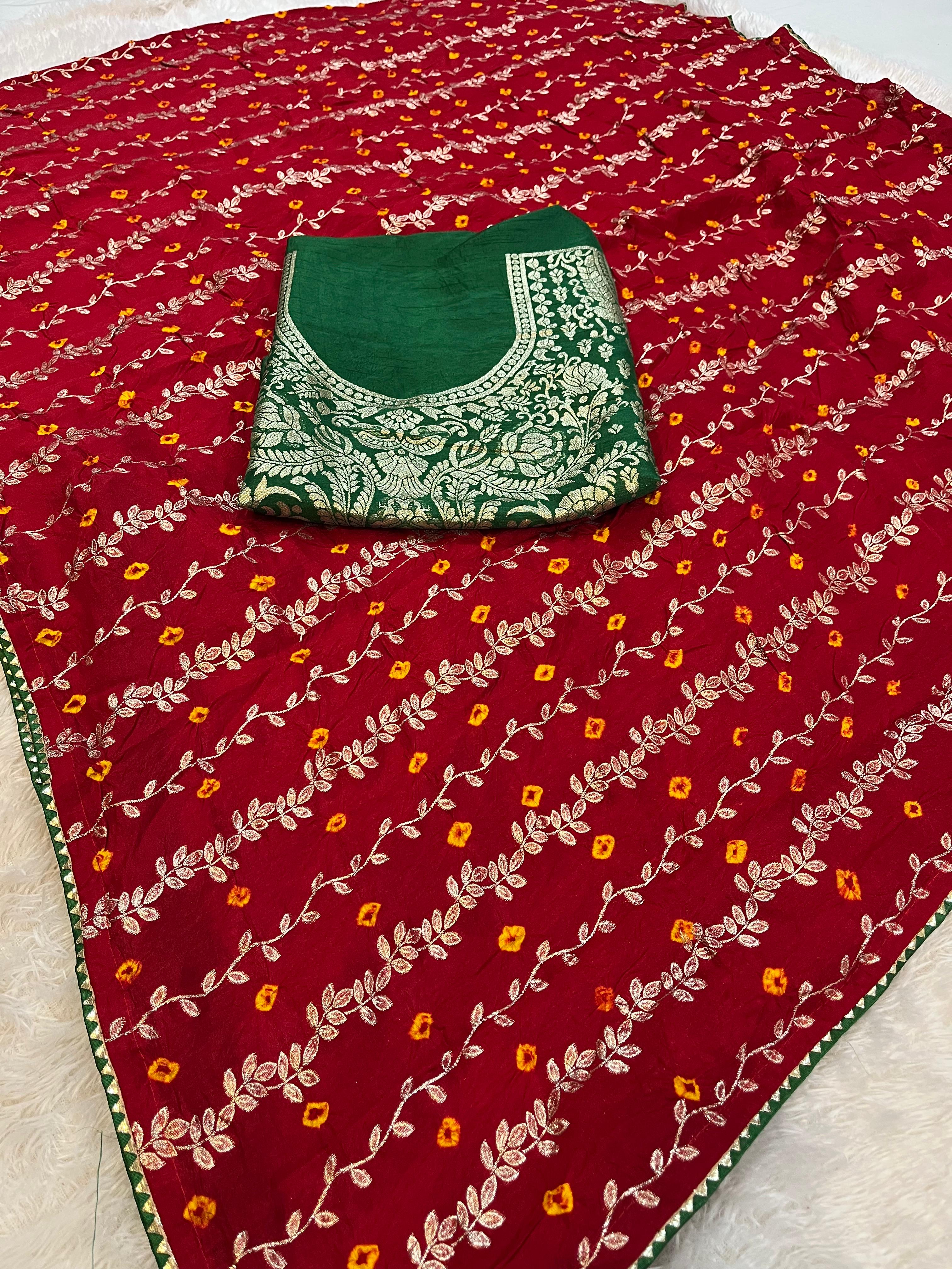 Designer Naylon Dolla Silk Saree With Flat Jarri X Hand Bandhani