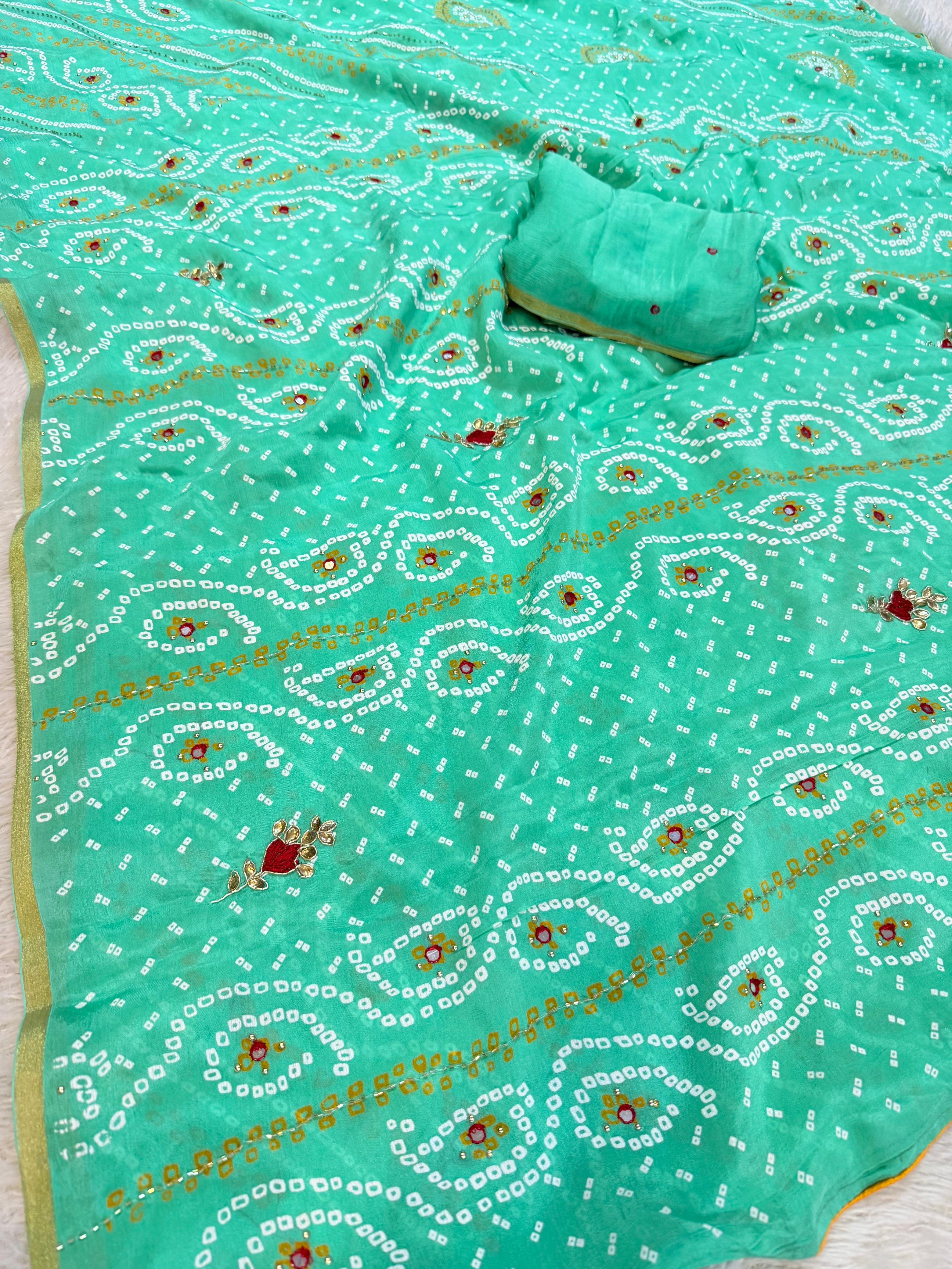 Traditional Chinon Bandhani Saree With Handwork