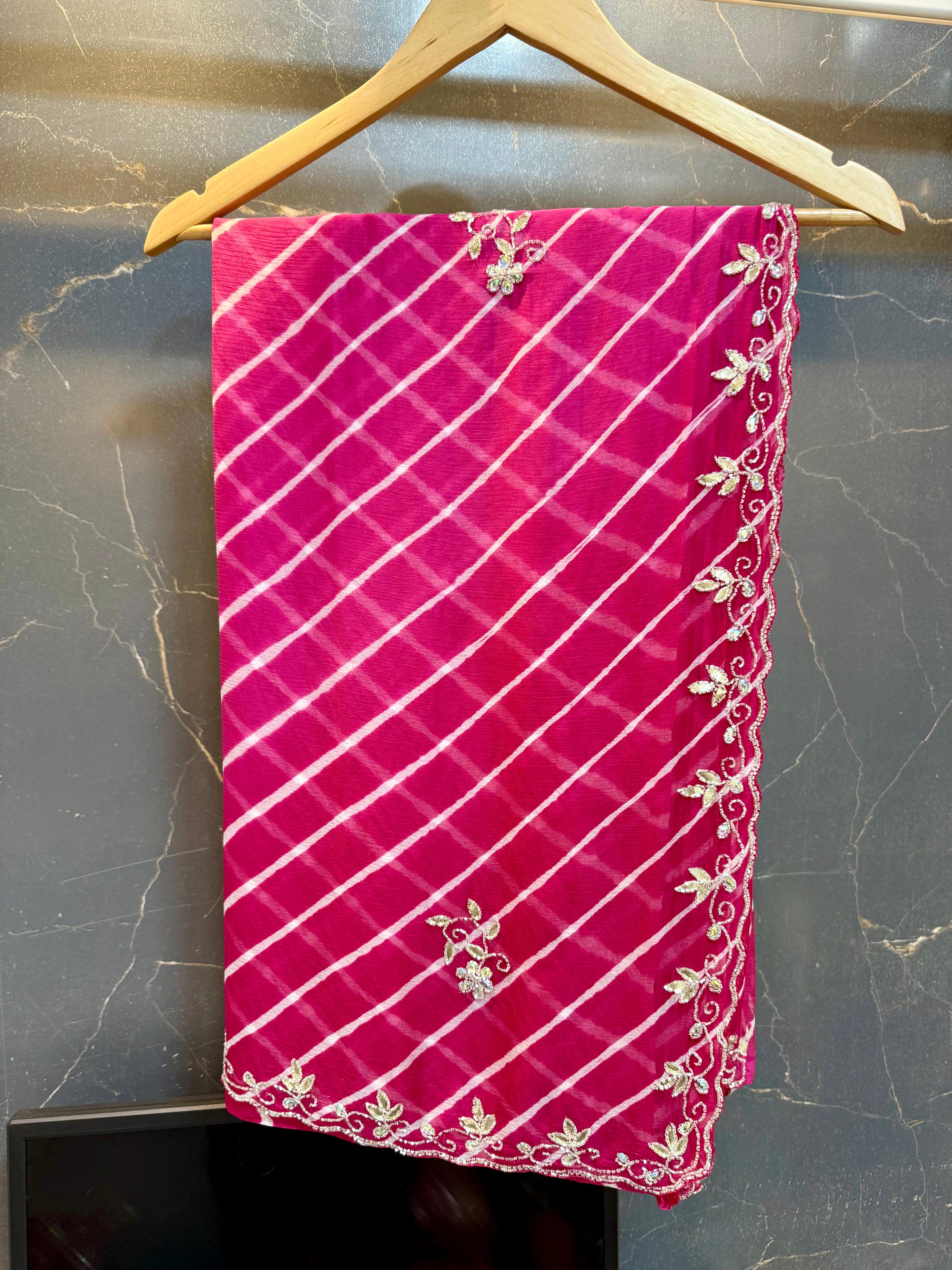 Beautiful Semi Chiffon Lahriya Saree With Handwork