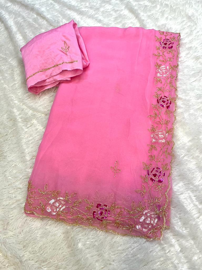 Beautiful Pure Chiffon Saree With Handwork
