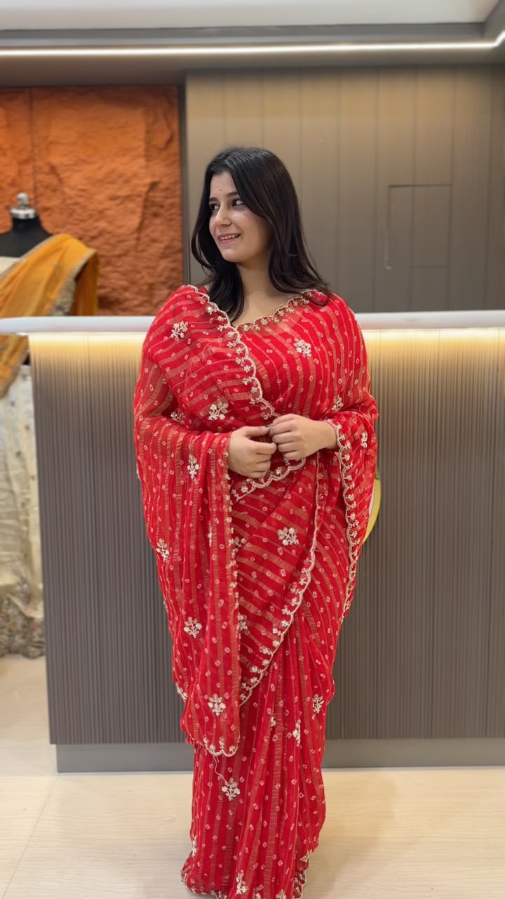 Beautiful Georgette Saree With Handwork And Bhandej