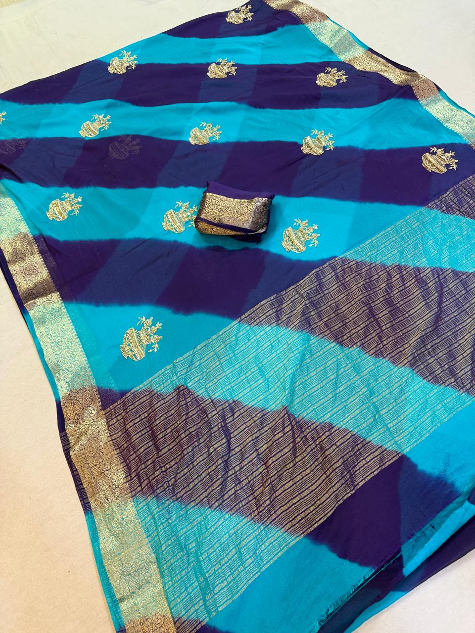 Designer Semi Chinon Saree With Handwork